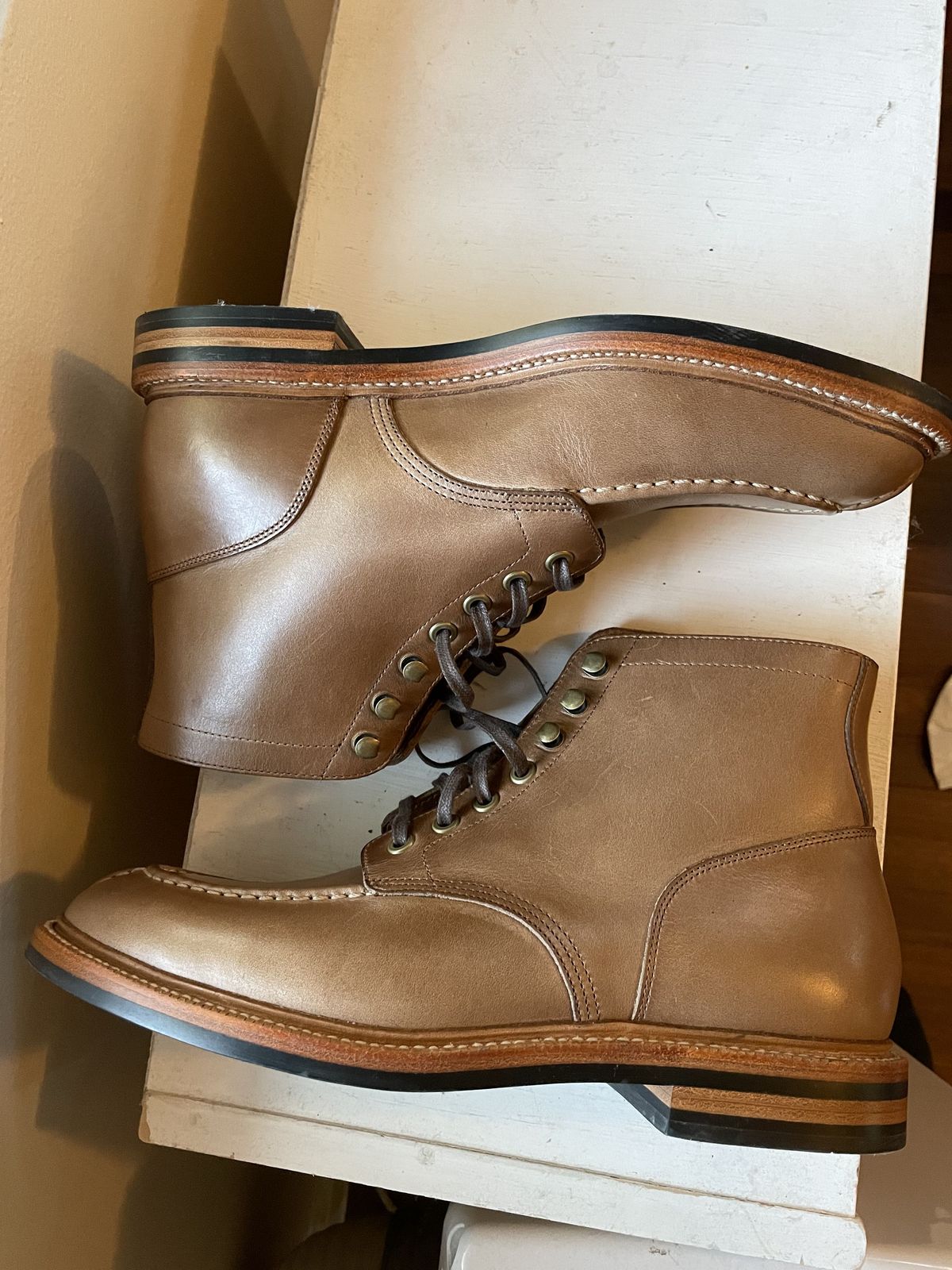 Photo by patinathunderdome on November 1, 2021 of the Grant Stone Ottawa Boot in Horween Dune Chromexcel.