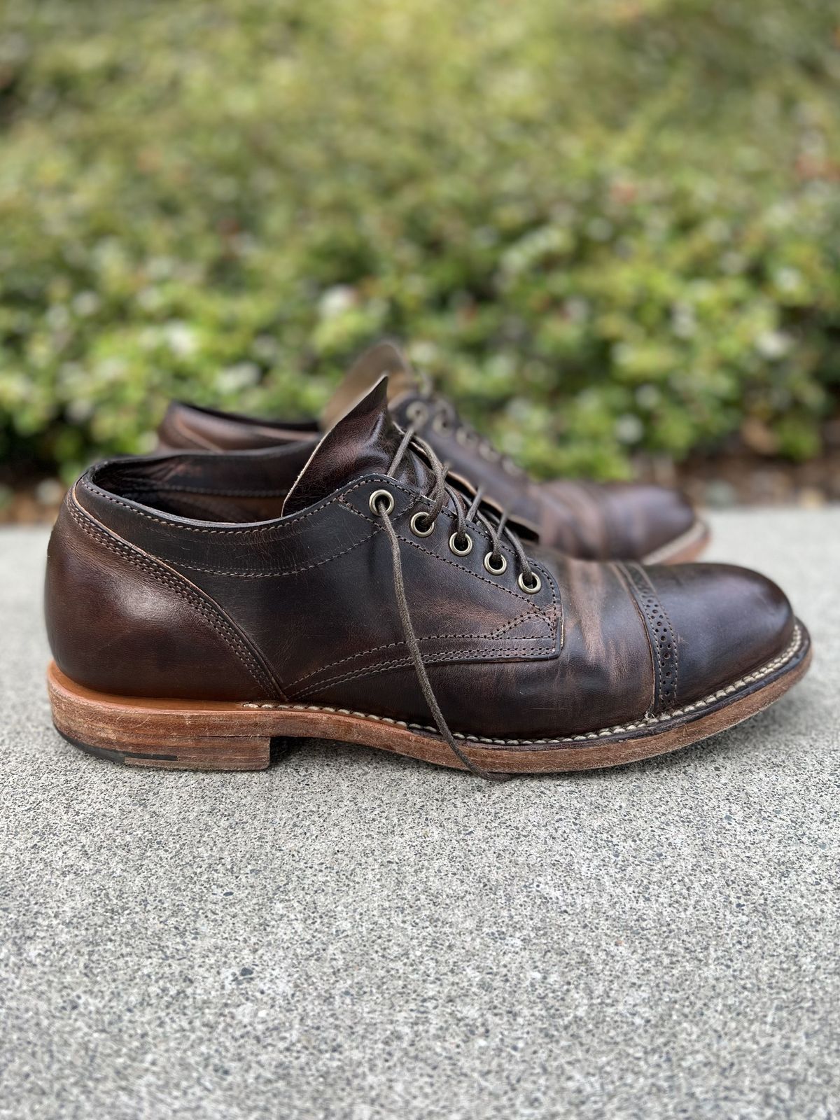 Photo by patinathunderdome on May 6, 2022 of the Viberg 145 Oxford in Horween Rowdy Dachshund.