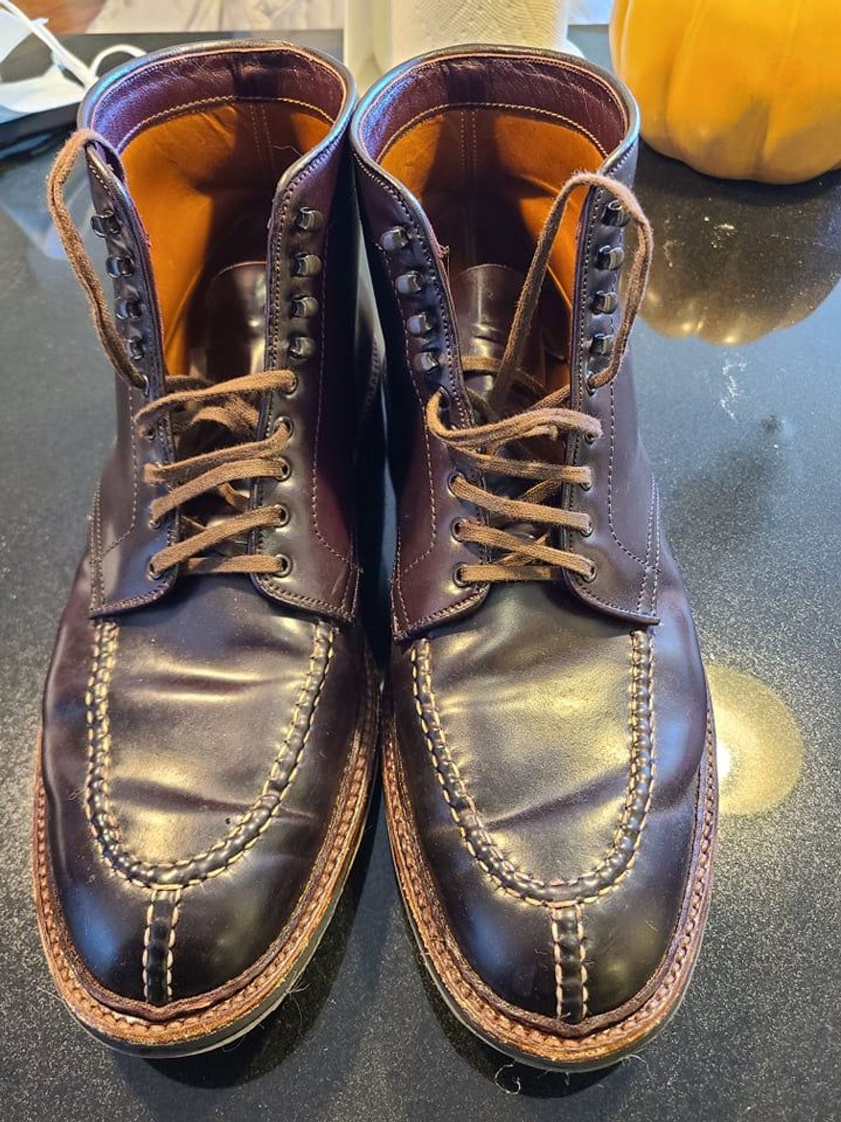 Photo by patinathunderdome on January 4, 2022 of the Alden Tanker Boot in Horween Color 8 Shell Cordovan.