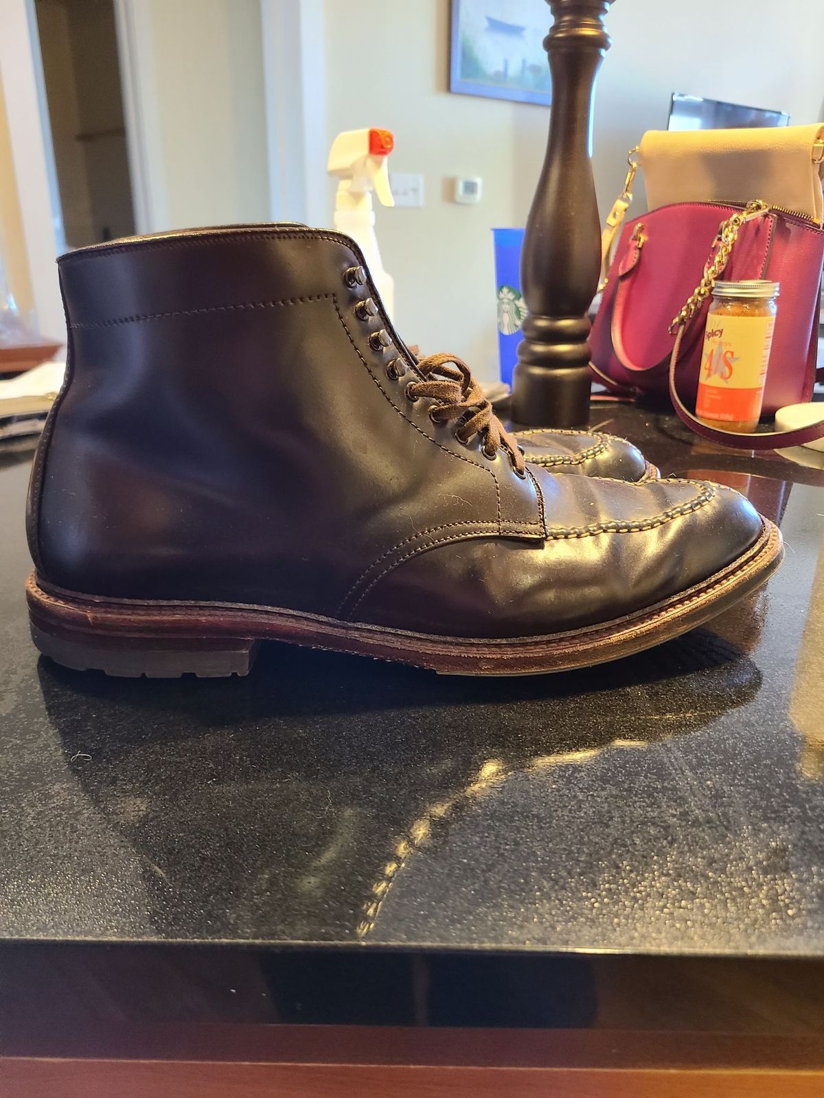 Photo by patinathunderdome on March 4, 2022 of the Alden Tanker Boot in Horween Color 8 Shell Cordovan.