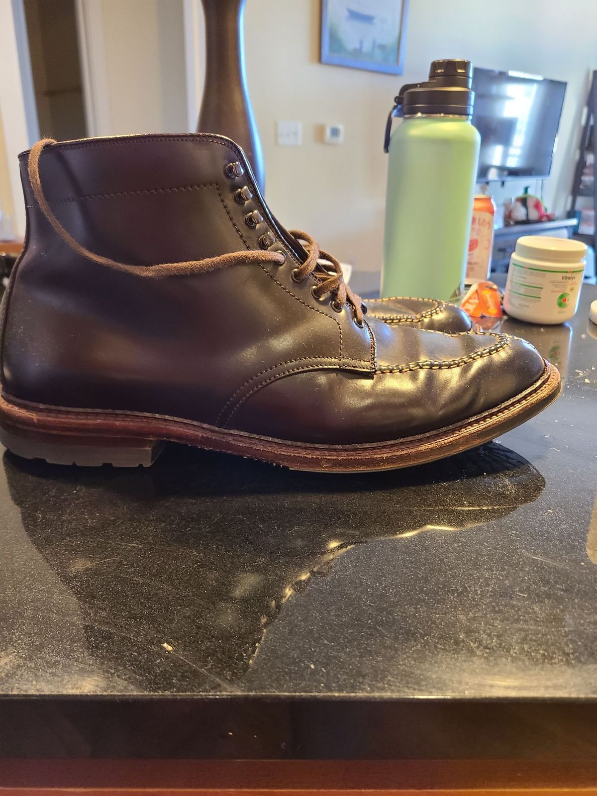 Photo by patinathunderdome on April 5, 2022 of the Alden Tanker Boot in Horween Color 8 Shell Cordovan.