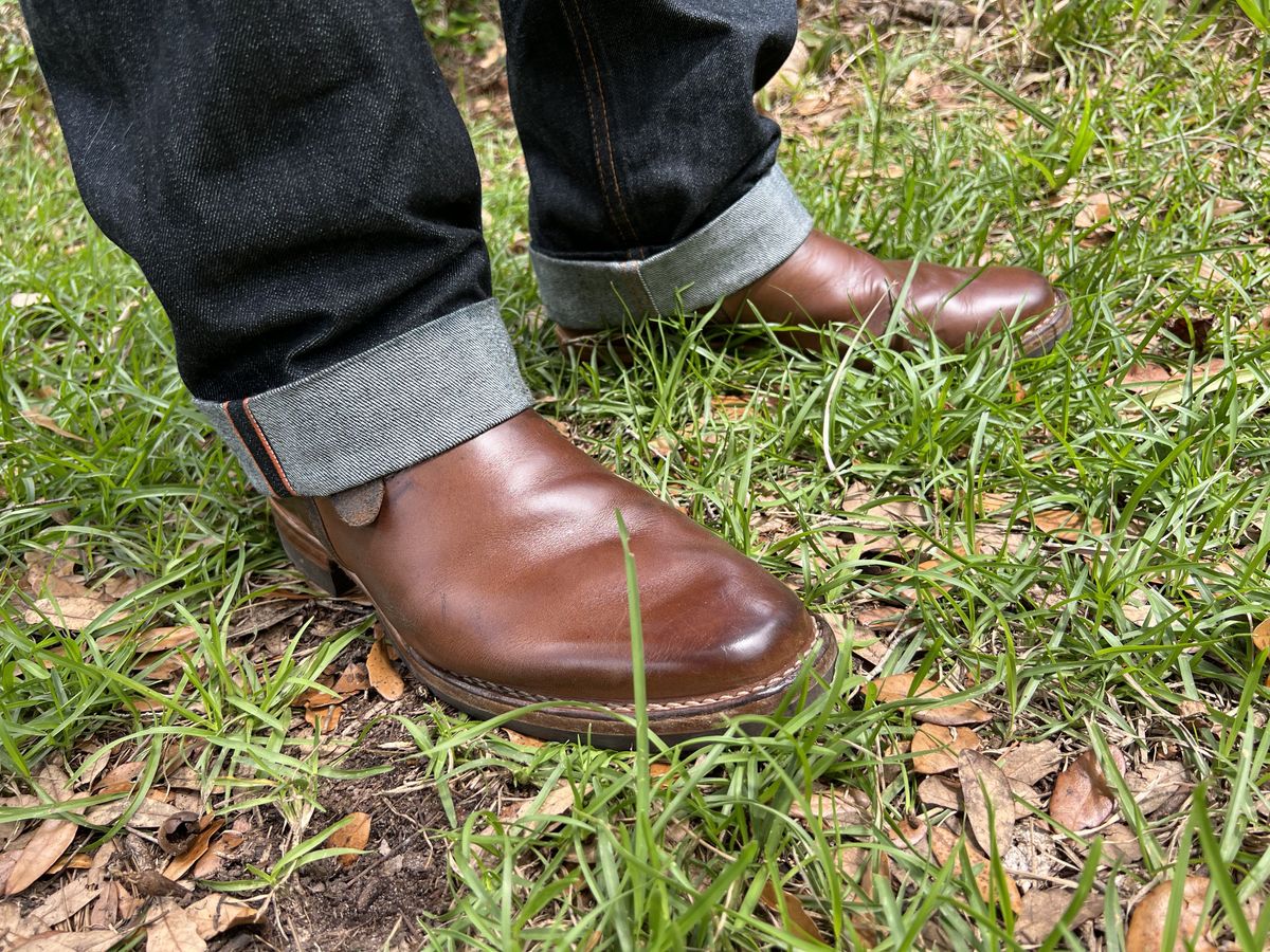 Photo by patinathunderdome on May 1, 2022 of the Wesco Mister Lou in Horween Natural Chromexcel.