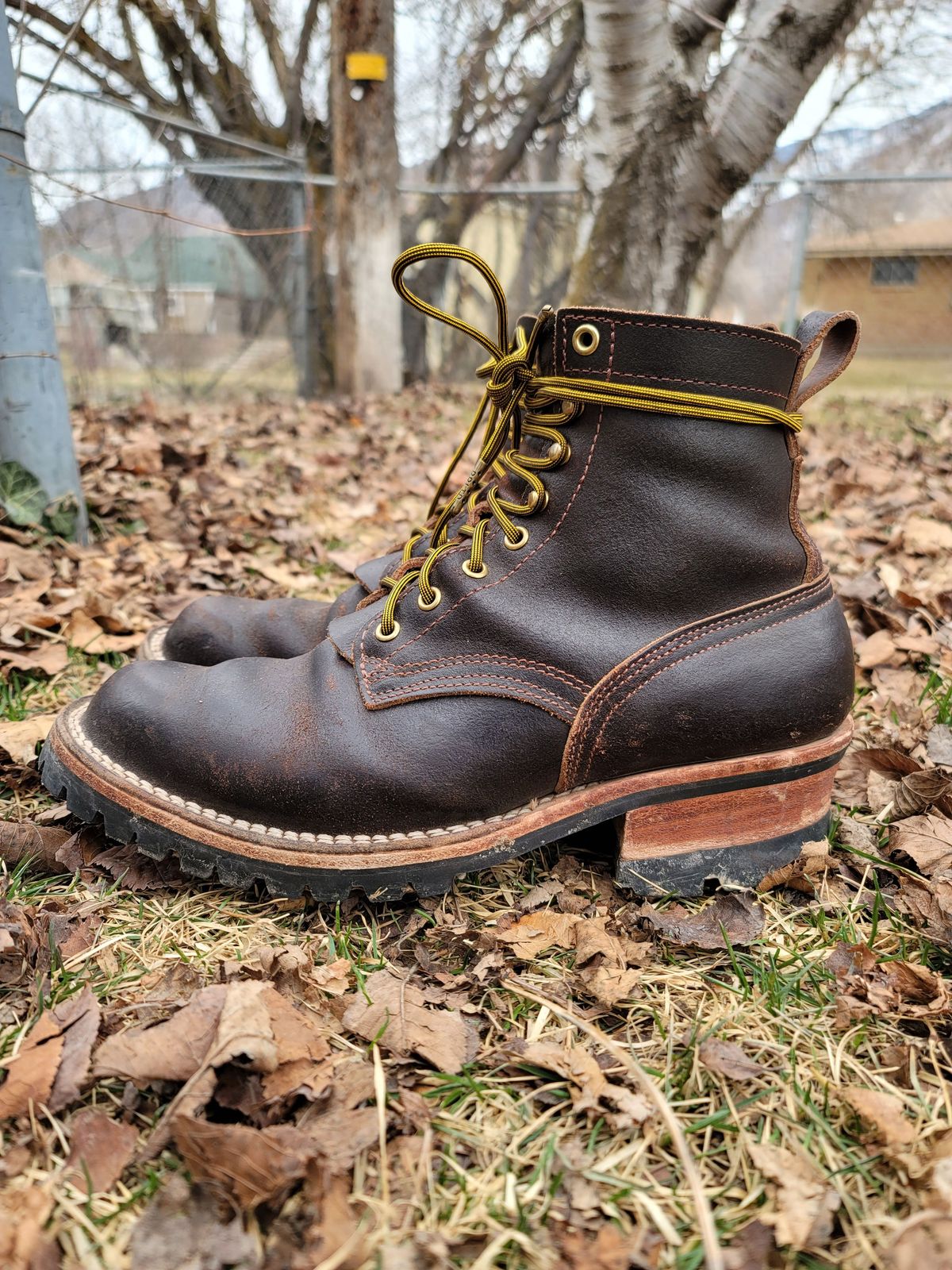 Photo by patinathunderdome on March 4, 2022 of the Nicks Urban Logger in Horween Brown Waxed Flesh.