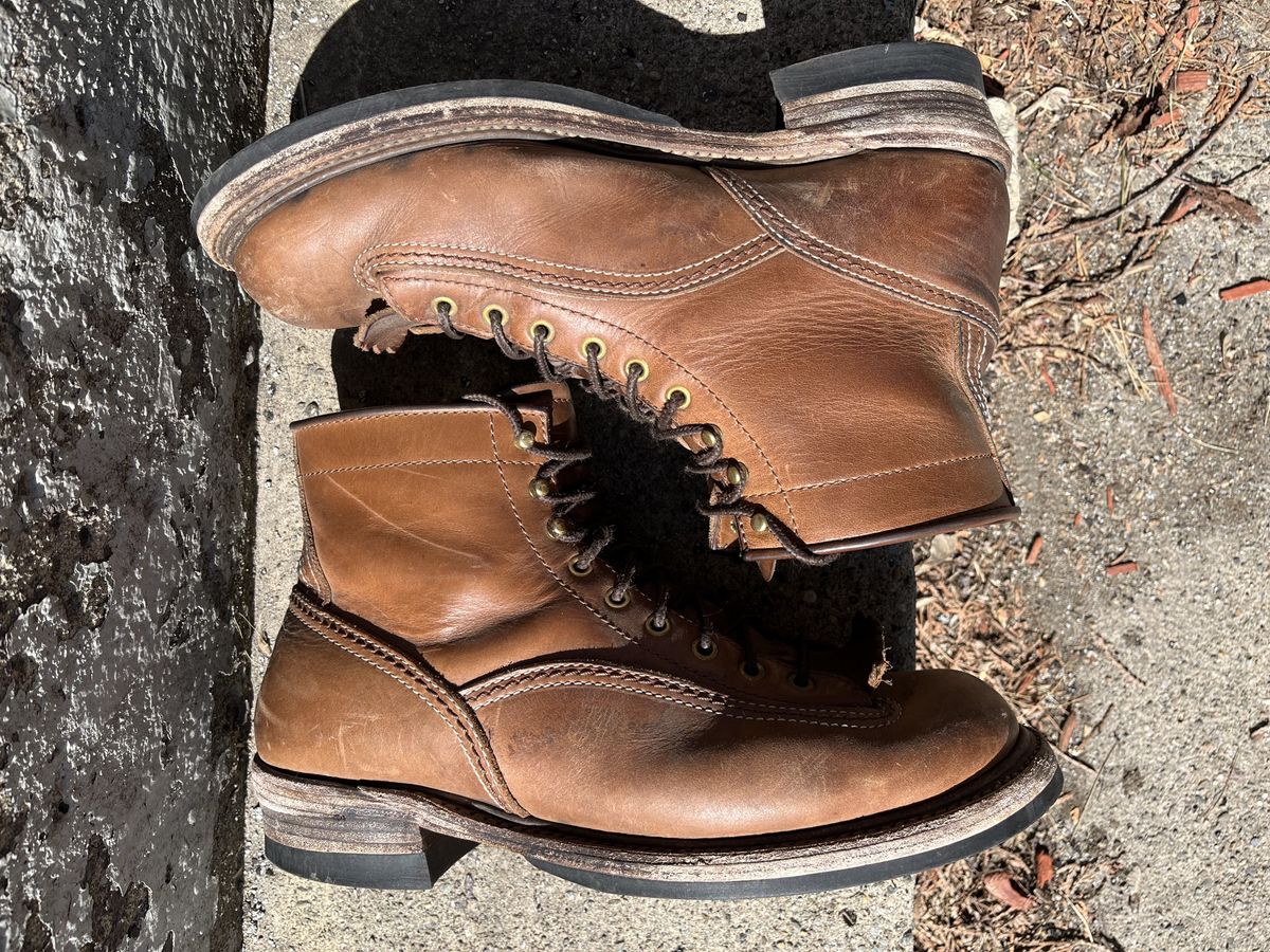 Photo by patinathunderdome on May 2, 2022 of the John Lofgren Donkey Puncher Boots in Horween Natural Bison.