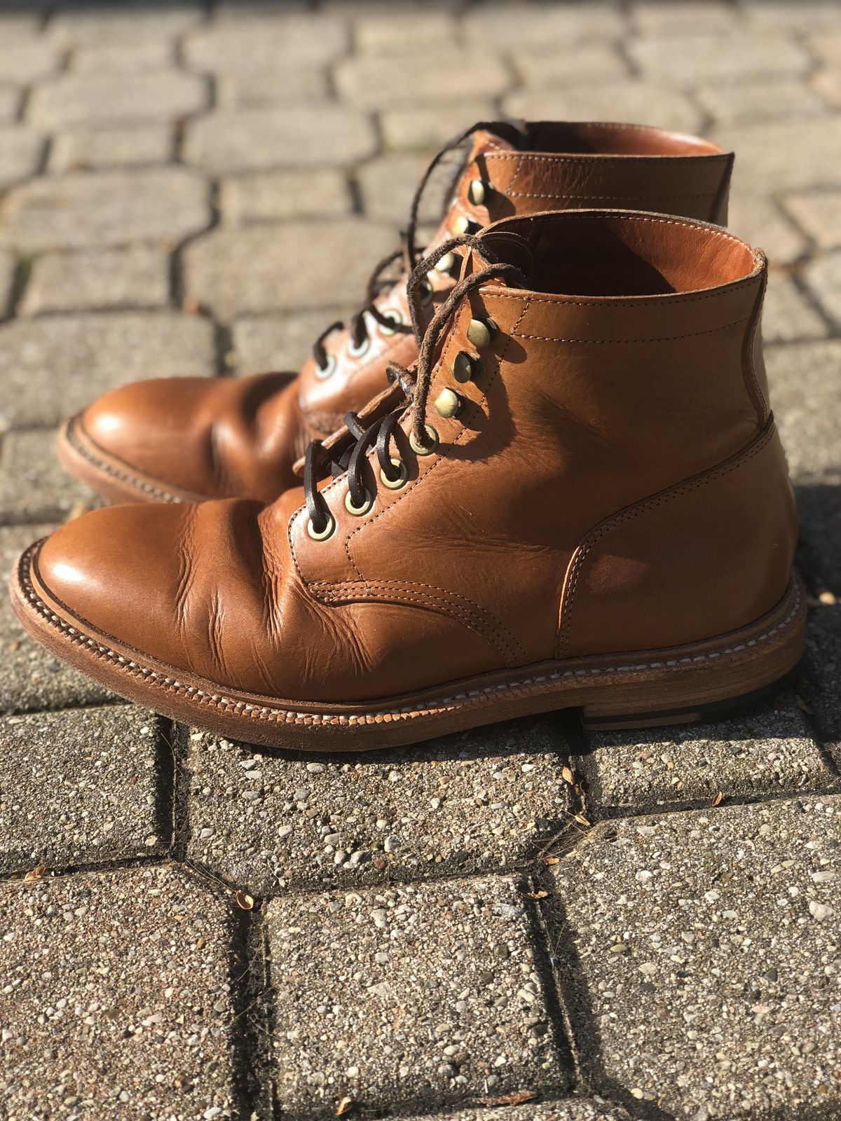Photo by patinathunderdome on November 3, 2021 of the Grant Stone Diesel Boot in Badalassi Carlo Saddle Tan Minerva.