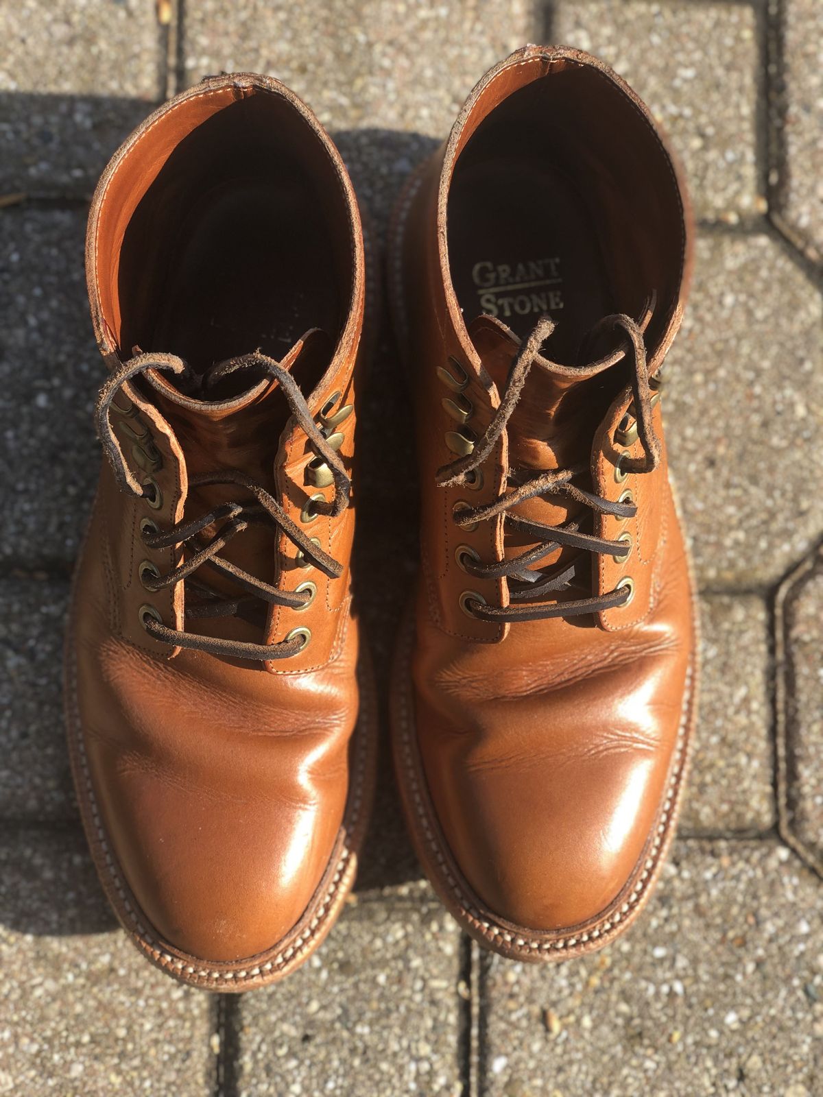 Photo by patinathunderdome on November 3, 2021 of the Grant Stone Diesel Boot in Badalassi Carlo Saddle Tan Minerva.