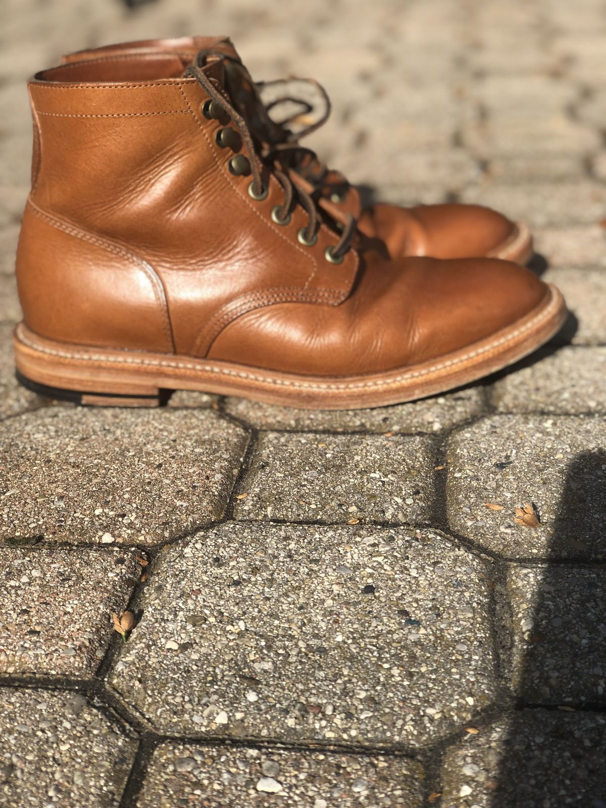 Photo by patinathunderdome on November 3, 2021 of the Grant Stone Diesel Boot in Badalassi Carlo Saddle Tan Minerva.