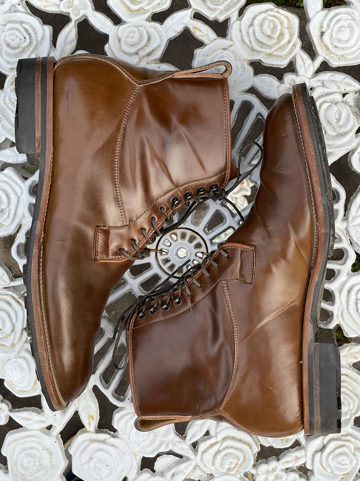 Photo by patinathunderdome on November 2, 2021 of the Viberg Country Boot in Horween Bourbon Shell Cordovan.