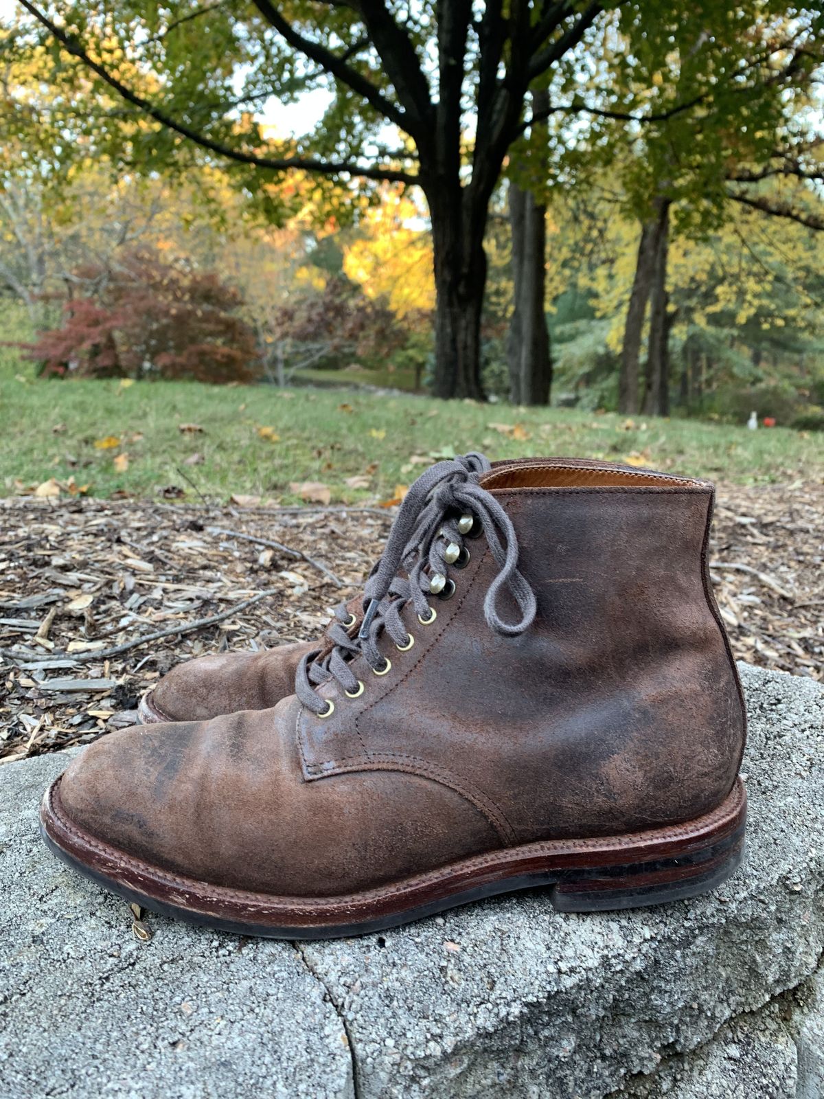 Photo by patinathunderdome on November 1, 2021 of the Grant Stone Edward Boot in C.F. Stead Tobacco Waxy Commander Suede.