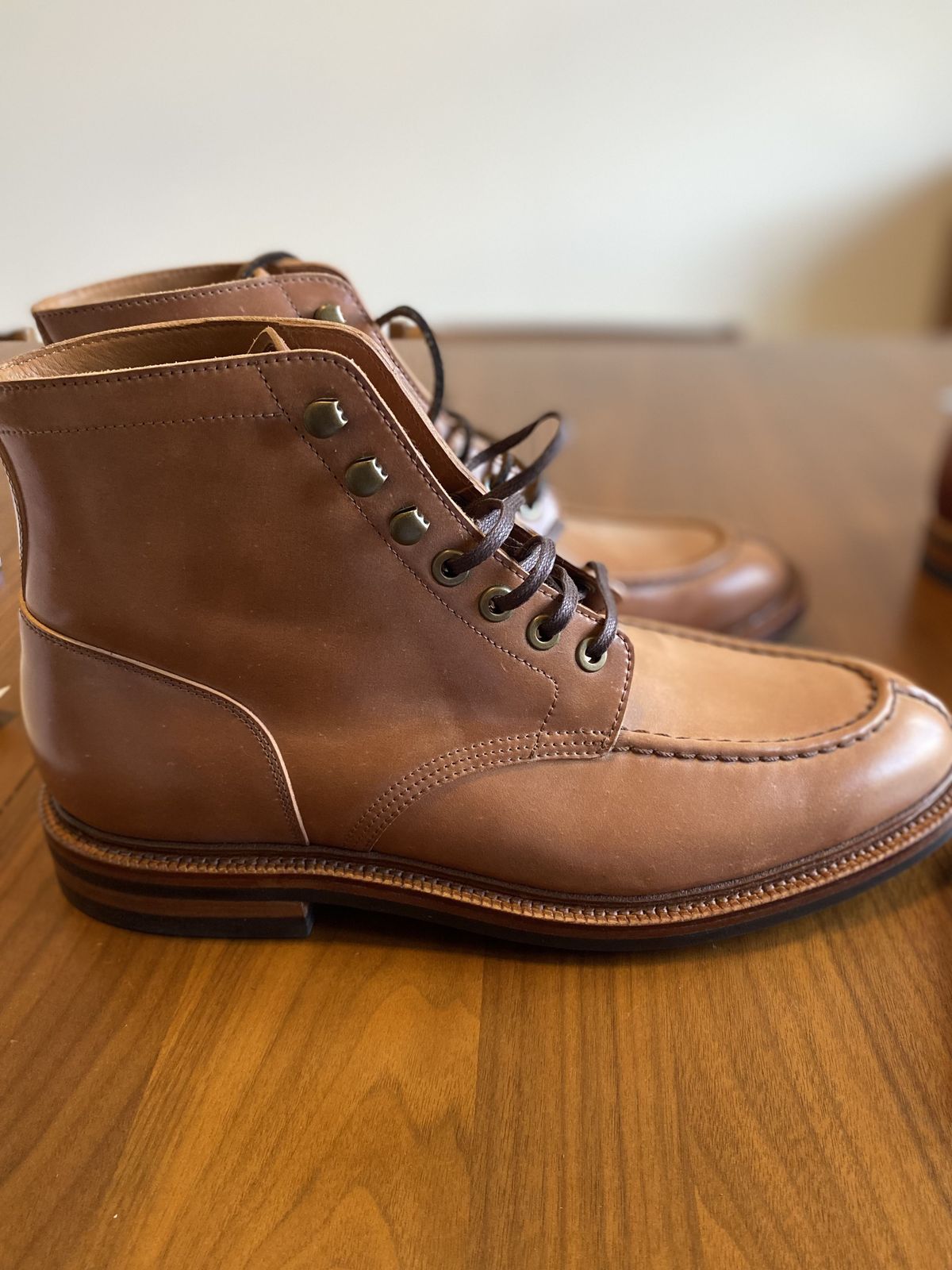 Photo by patinathunderdome on October 5, 2021 of the Grant Stone Ottawa Boot in Horween Honey Glazed Shell Cordovan.