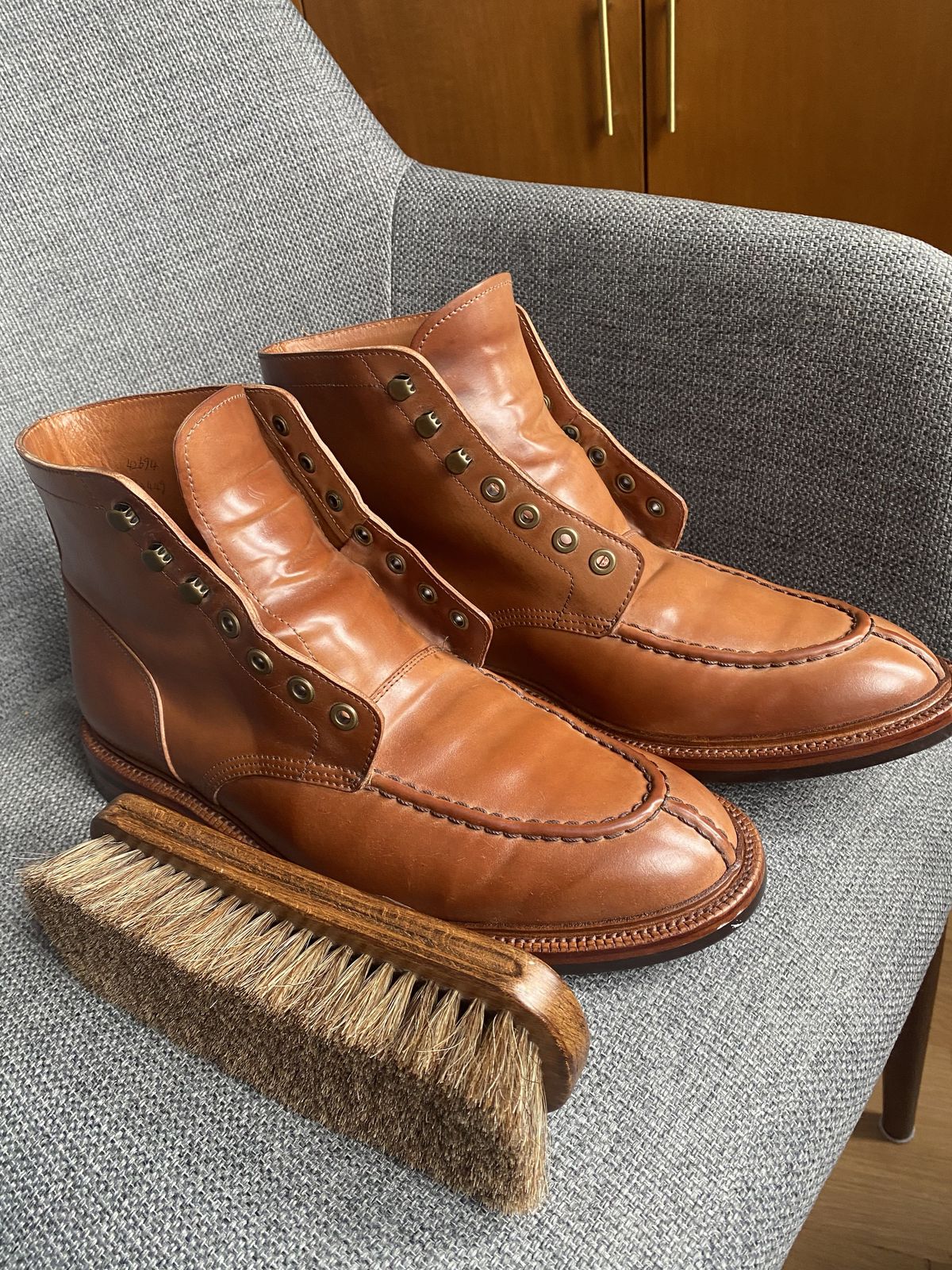 Photo by patinathunderdome on November 6, 2021 of the Grant Stone Ottawa Boot in Horween Honey Glazed Shell Cordovan.