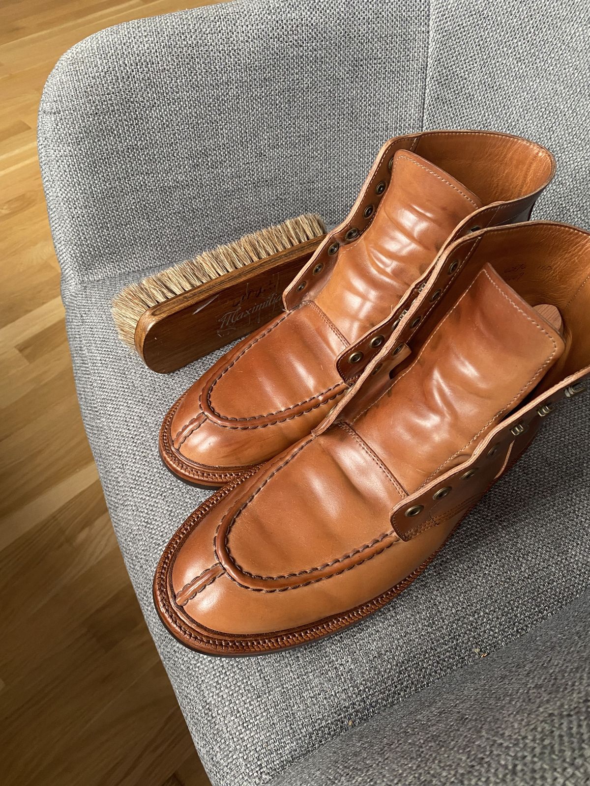 Photo by patinathunderdome on November 6, 2021 of the Grant Stone Ottawa Boot in Horween Honey Glazed Shell Cordovan.