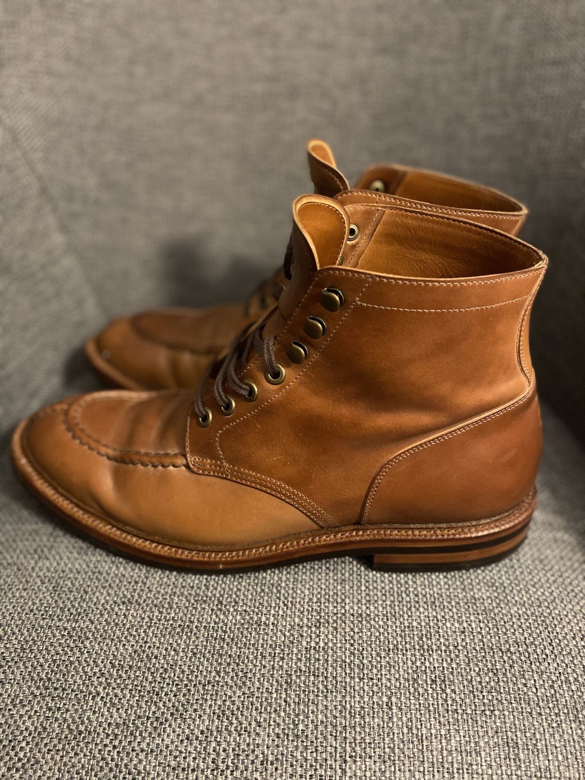 Photo by patinathunderdome on November 6, 2021 of the Grant Stone Ottawa Boot in Horween Honey Glazed Shell Cordovan.