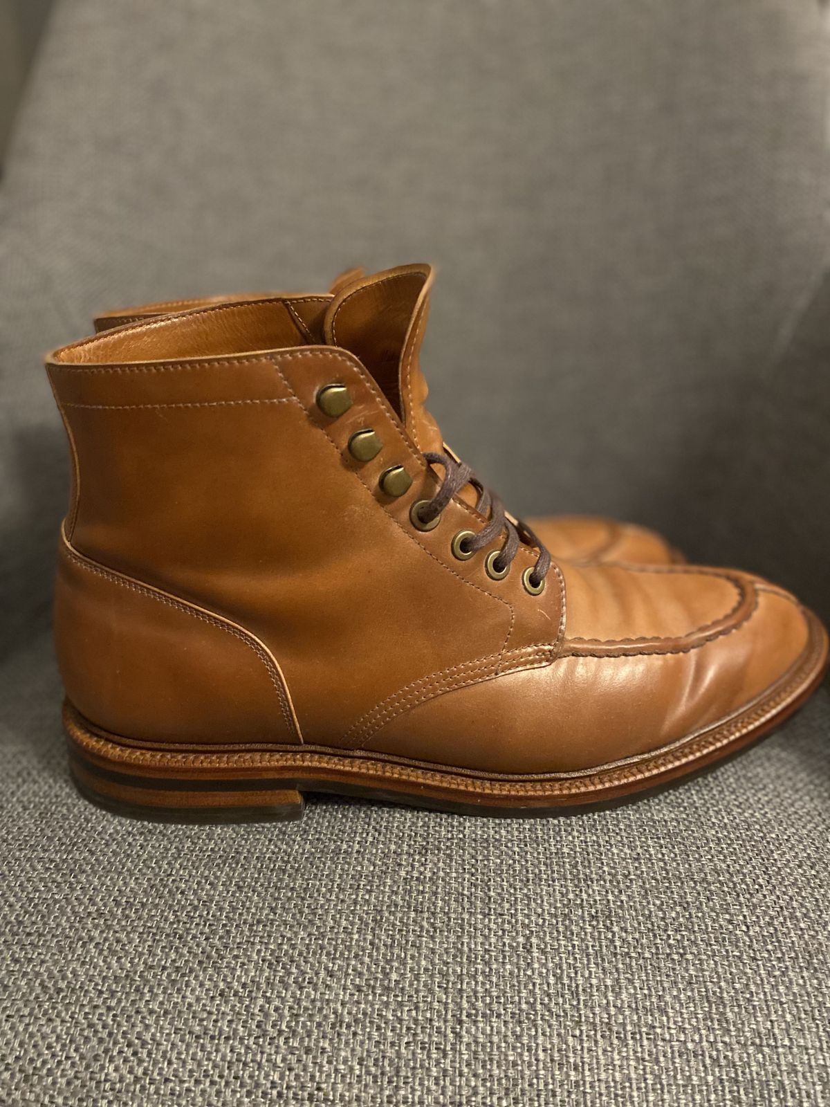 Photo by patinathunderdome on November 6, 2021 of the Grant Stone Ottawa Boot in Horween Honey Glazed Shell Cordovan.