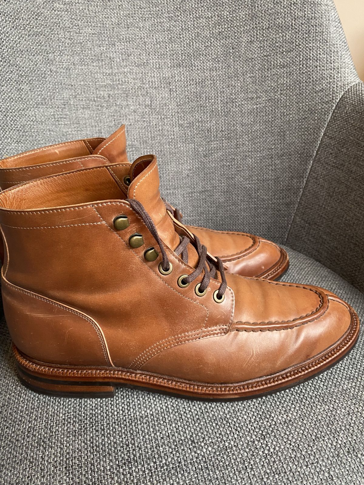 Photo by patinathunderdome on December 6, 2021 of the Grant Stone Ottawa Boot in Horween Honey Glazed Shell Cordovan.