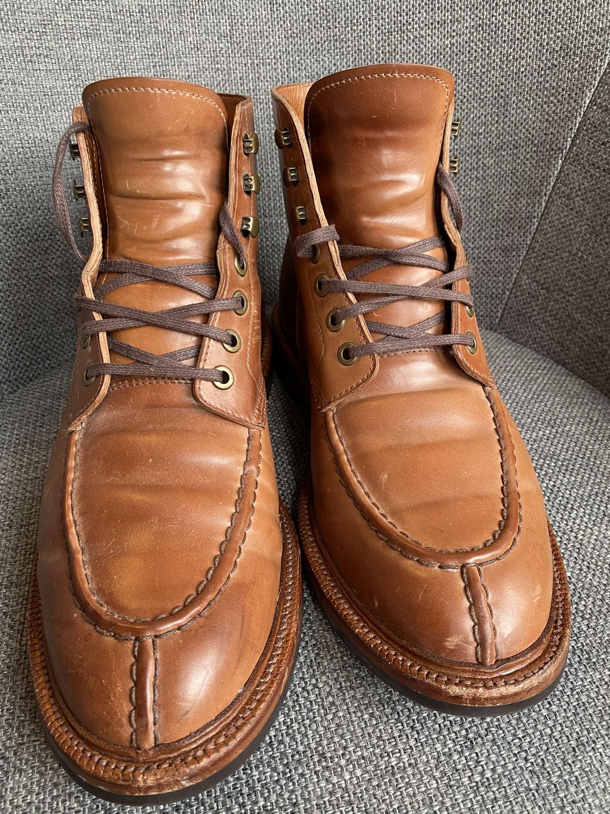 Photo by patinathunderdome on December 6, 2021 of the Grant Stone Ottawa Boot in Horween Honey Glazed Shell Cordovan.