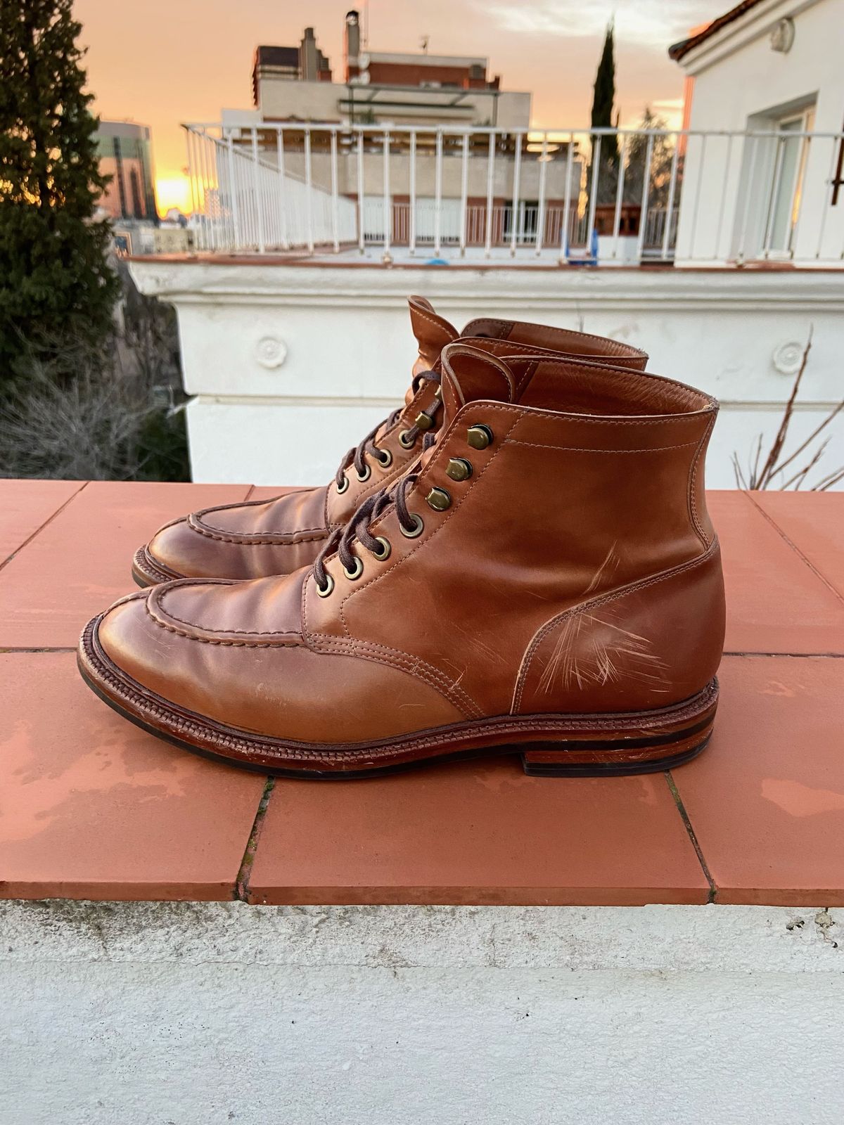 Photo by patinathunderdome on January 6, 2022 of the Grant Stone Ottawa Boot in Horween Honey Glazed Shell Cordovan.