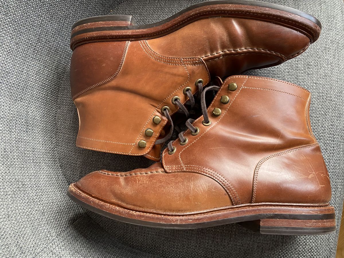 Photo by patinathunderdome on April 11, 2022 of the Grant Stone Ottawa Boot in Horween Honey Glazed Shell Cordovan.