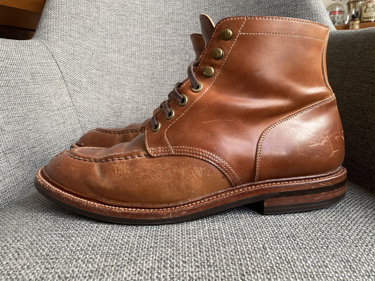 Photo by patinathunderdome on April 11, 2022 of the Grant Stone Ottawa Boot in Horween Honey Glazed Shell Cordovan.