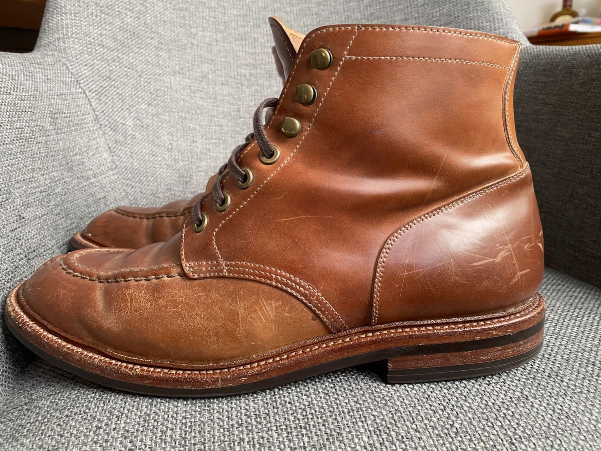 Photo by patinathunderdome on April 11, 2022 of the Grant Stone Ottawa Boot in Horween Honey Glazed Shell Cordovan.