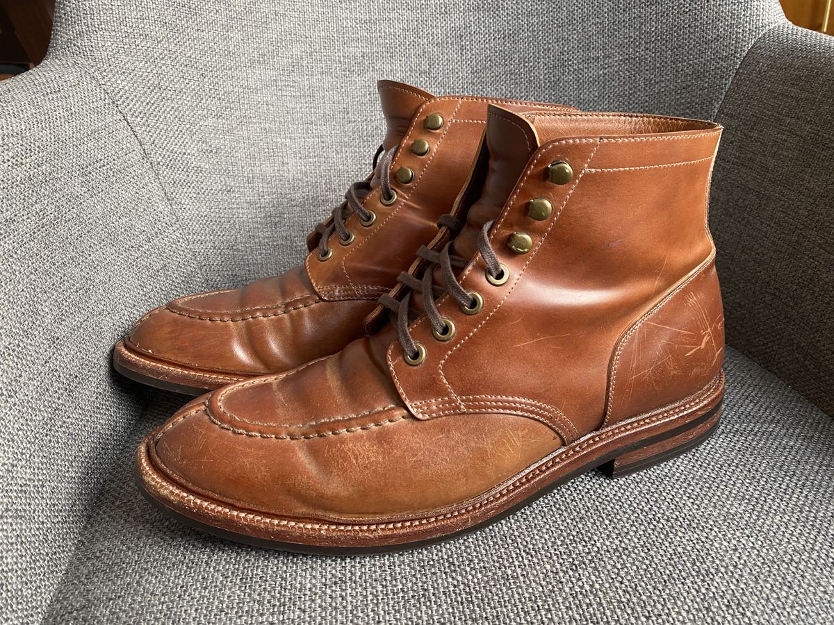 Photo by patinathunderdome on April 11, 2022 of the Grant Stone Ottawa Boot in Horween Honey Glazed Shell Cordovan.