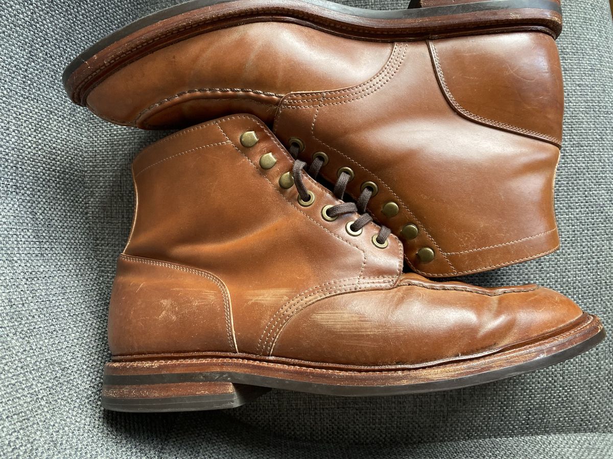 Photo by patinathunderdome on April 11, 2022 of the Grant Stone Ottawa Boot in Horween Honey Glazed Shell Cordovan.