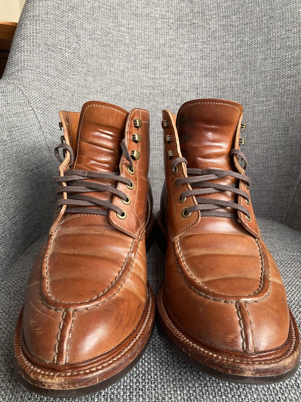 Photo by patinathunderdome on April 11, 2022 of the Grant Stone Ottawa Boot in Horween Honey Glazed Shell Cordovan.