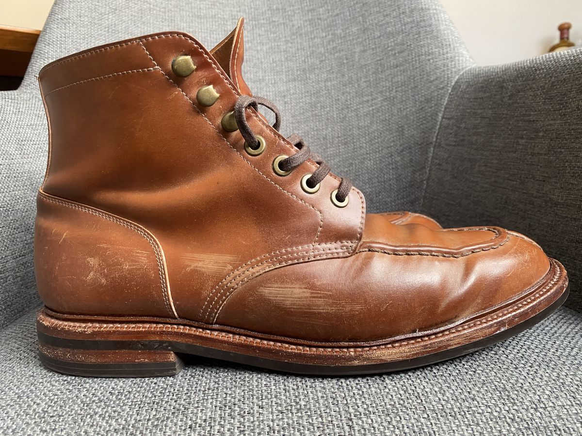 Photo by patinathunderdome on April 11, 2022 of the Grant Stone Ottawa Boot in Horween Honey Glazed Shell Cordovan.