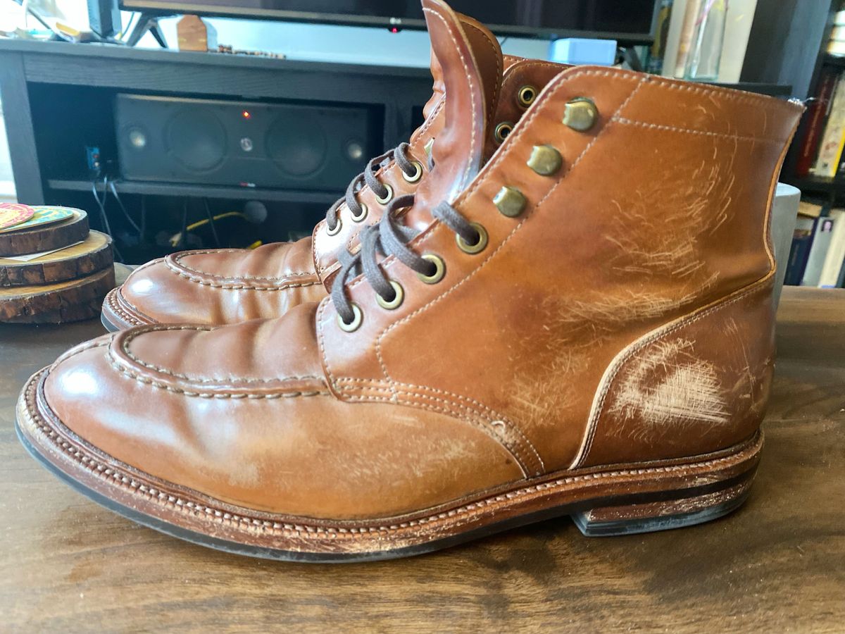 Photo by patinathunderdome on May 7, 2022 of the Grant Stone Ottawa Boot in Horween Honey Glazed Shell Cordovan.