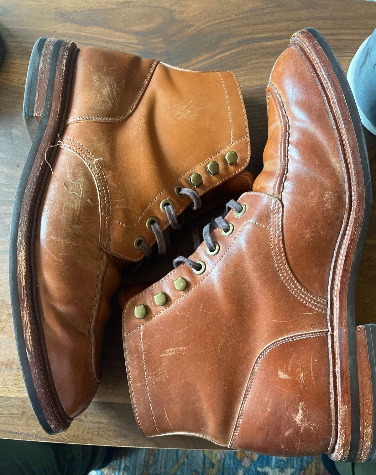 Photo by patinathunderdome on May 7, 2022 of the Grant Stone Ottawa Boot in Horween Honey Glazed Shell Cordovan.