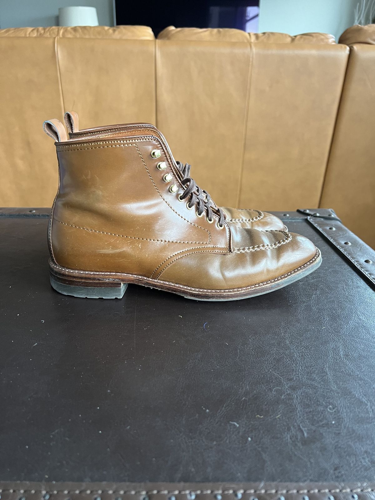 Photo by patinathunderdome on November 4, 2021 of the Alden Indy Boot in Horween Whisky Shell Cordovan.