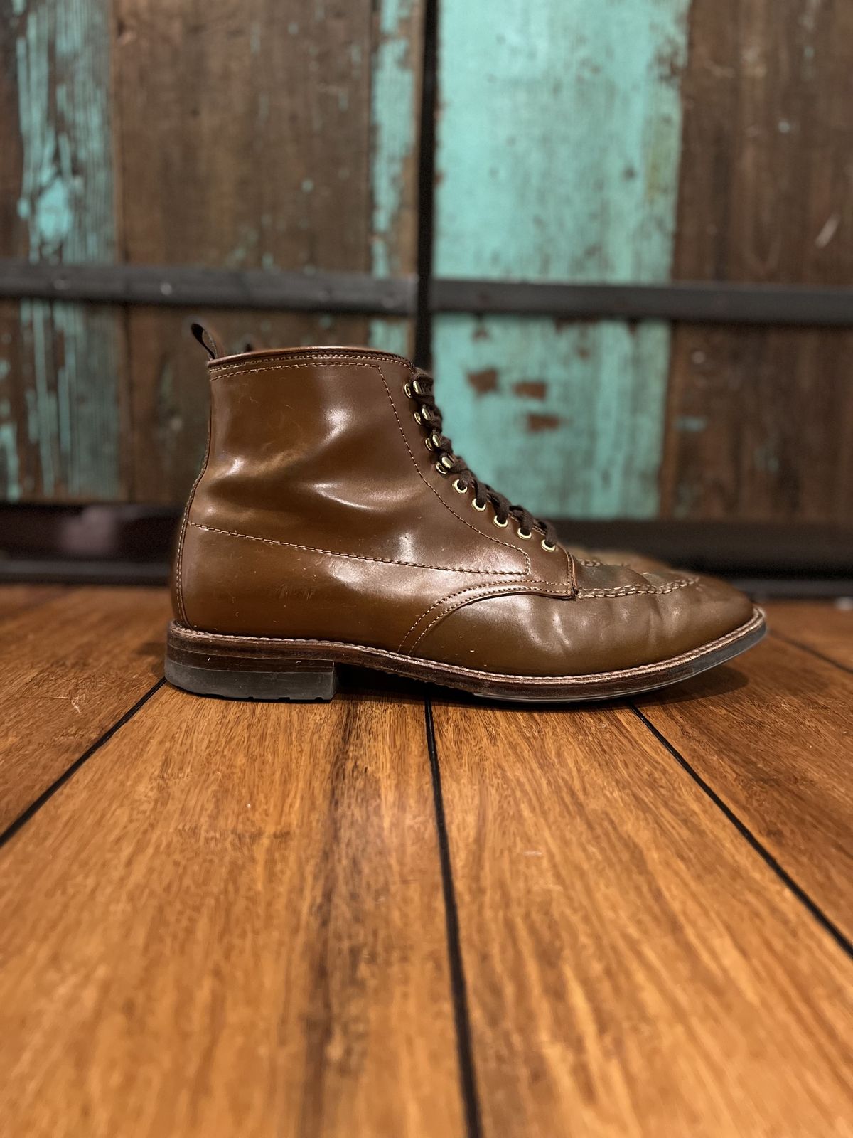 Photo by patinathunderdome on December 4, 2021 of the Alden Indy Boot in Horween Whisky Shell Cordovan.