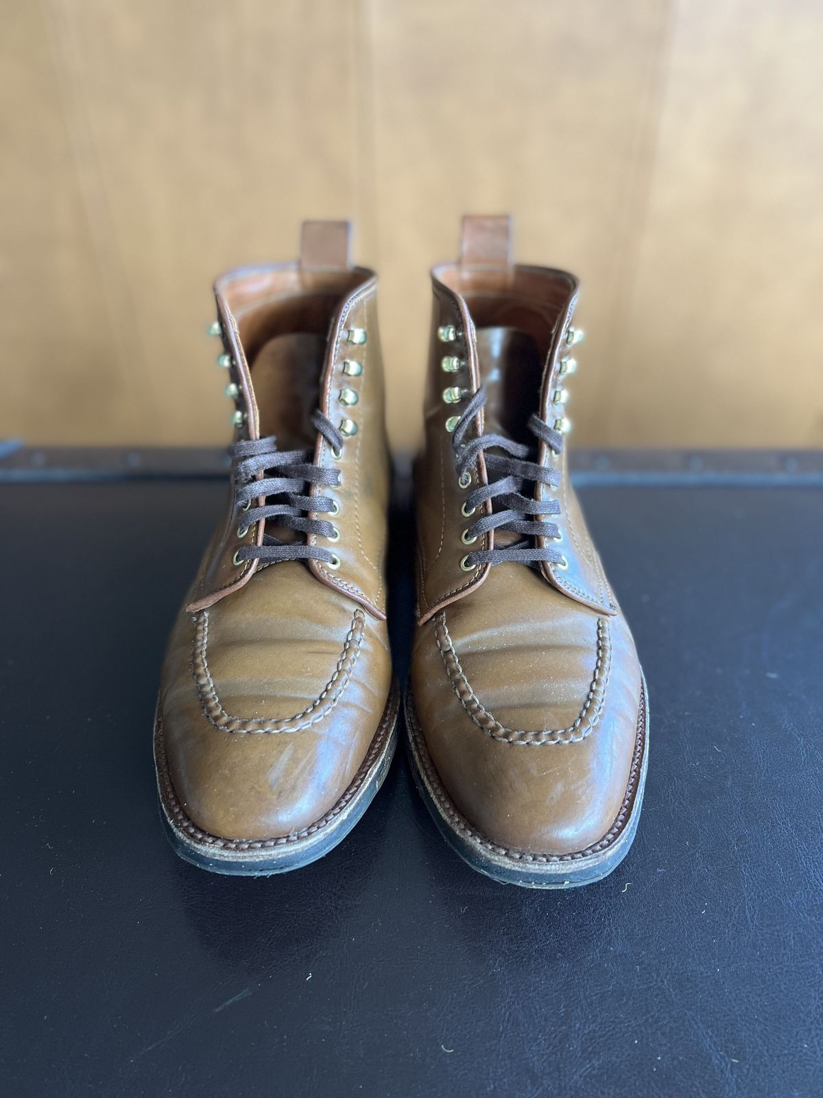 Photo by patinathunderdome on January 3, 2022 of the Alden Indy Boot in Horween Whisky Shell Cordovan.