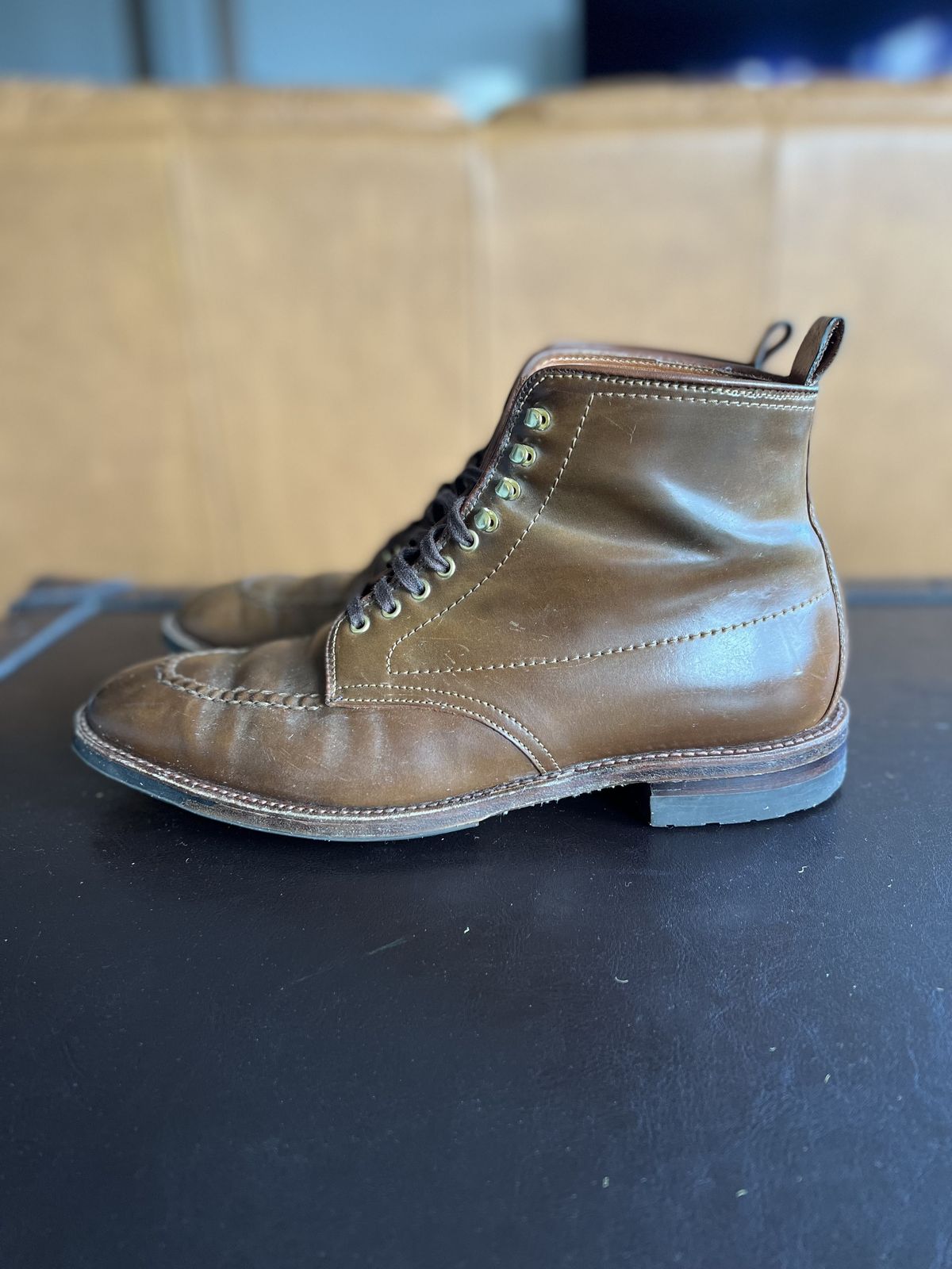 Photo by patinathunderdome on January 3, 2022 of the Alden Indy Boot in Horween Whisky Shell Cordovan.