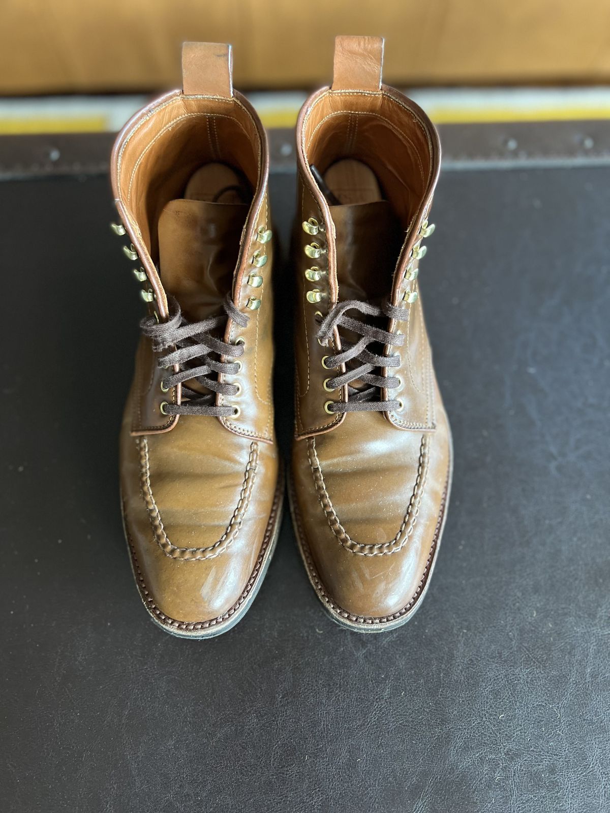 Photo by patinathunderdome on January 3, 2022 of the Alden Indy Boot in Horween Whisky Shell Cordovan.