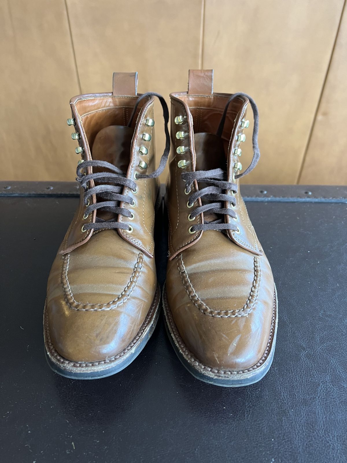 Photo by patinathunderdome on February 4, 2022 of the Alden Indy Boot in Horween Whisky Shell Cordovan.