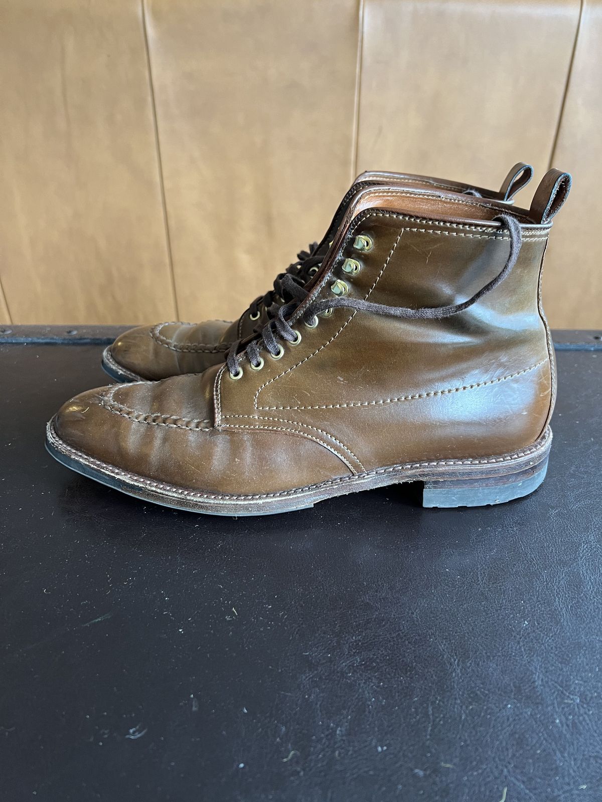 Photo by patinathunderdome on February 4, 2022 of the Alden Indy Boot in Horween Whisky Shell Cordovan.