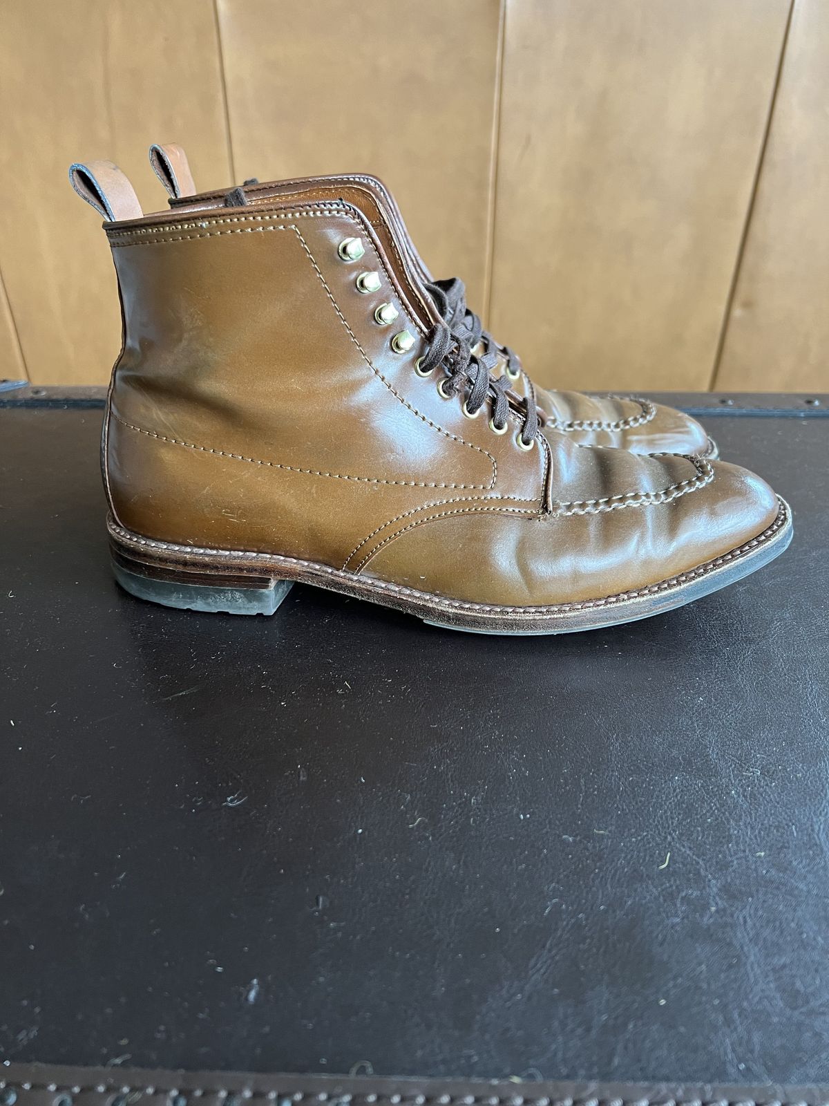 Photo by patinathunderdome on February 4, 2022 of the Alden Indy Boot in Horween Whisky Shell Cordovan.