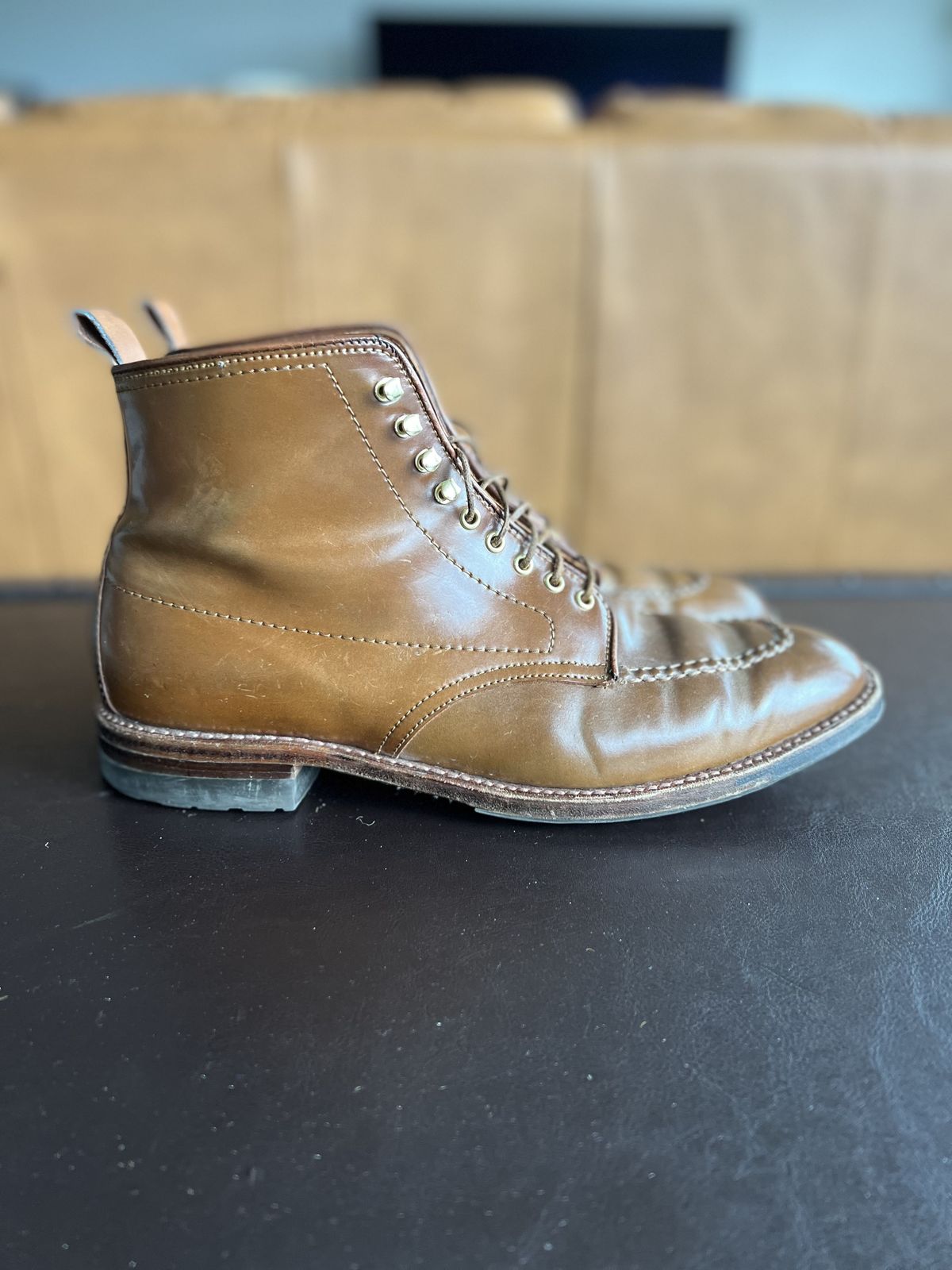 Photo by patinathunderdome on March 4, 2022 of the Alden Indy Boot in Horween Whisky Shell Cordovan.