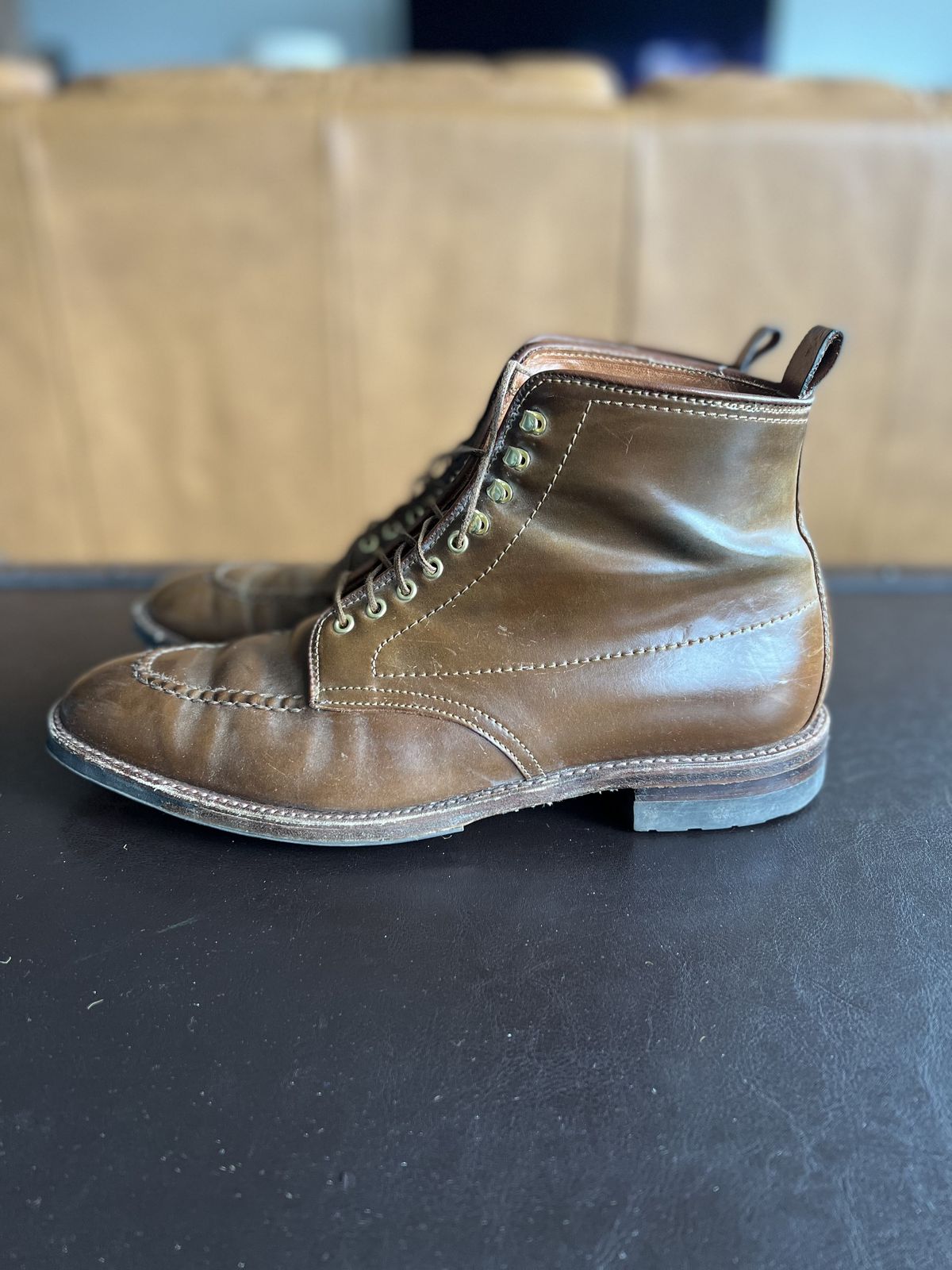 Photo by patinathunderdome on March 4, 2022 of the Alden Indy Boot in Horween Whisky Shell Cordovan.