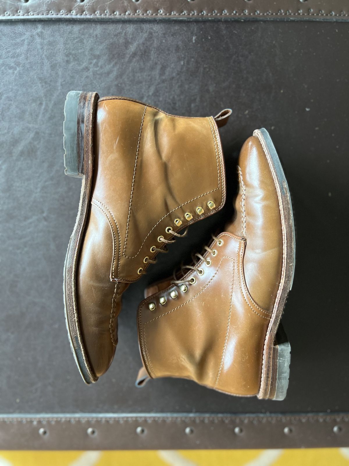 Photo by patinathunderdome on March 4, 2022 of the Alden Indy Boot in Horween Whisky Shell Cordovan.