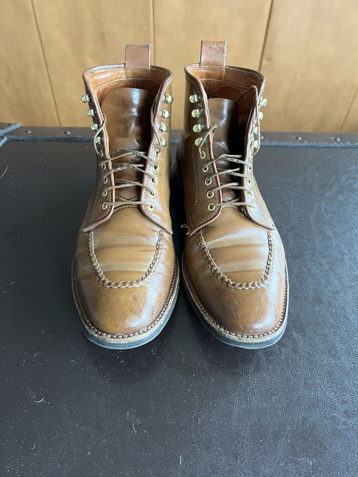 Photo by patinathunderdome on April 3, 2022 of the Alden Indy Boot in Horween Whisky Shell Cordovan.