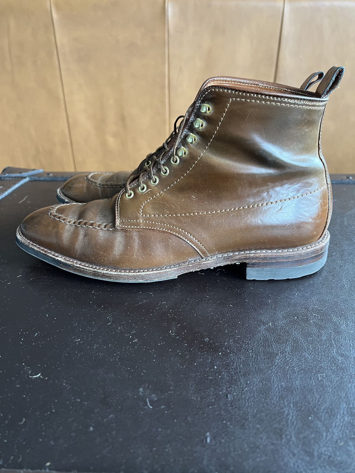 Photo by patinathunderdome on April 3, 2022 of the Alden Indy Boot in Horween Whisky Shell Cordovan.