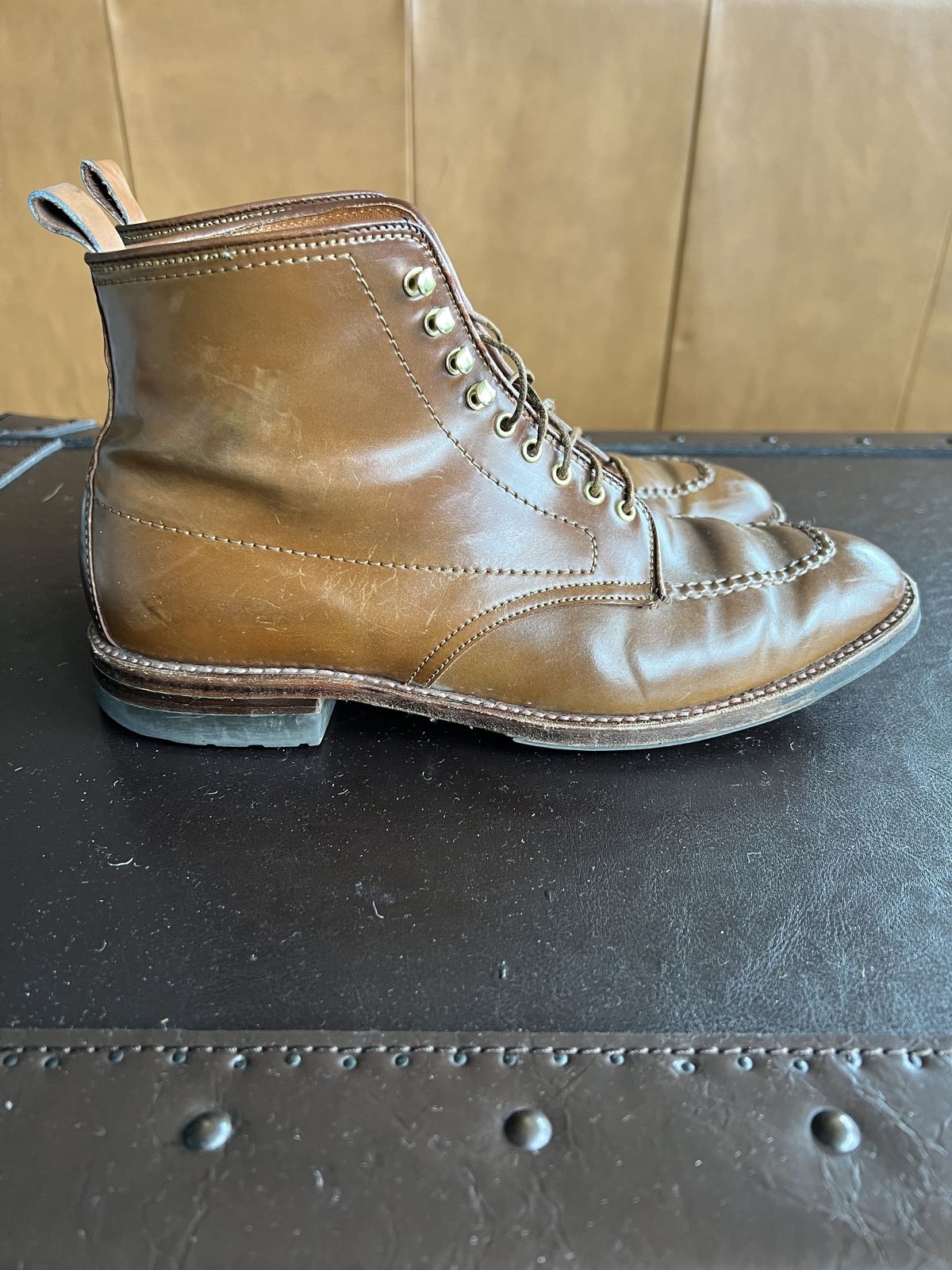 Photo by patinathunderdome on April 3, 2022 of the Alden Indy Boot in Horween Whisky Shell Cordovan.