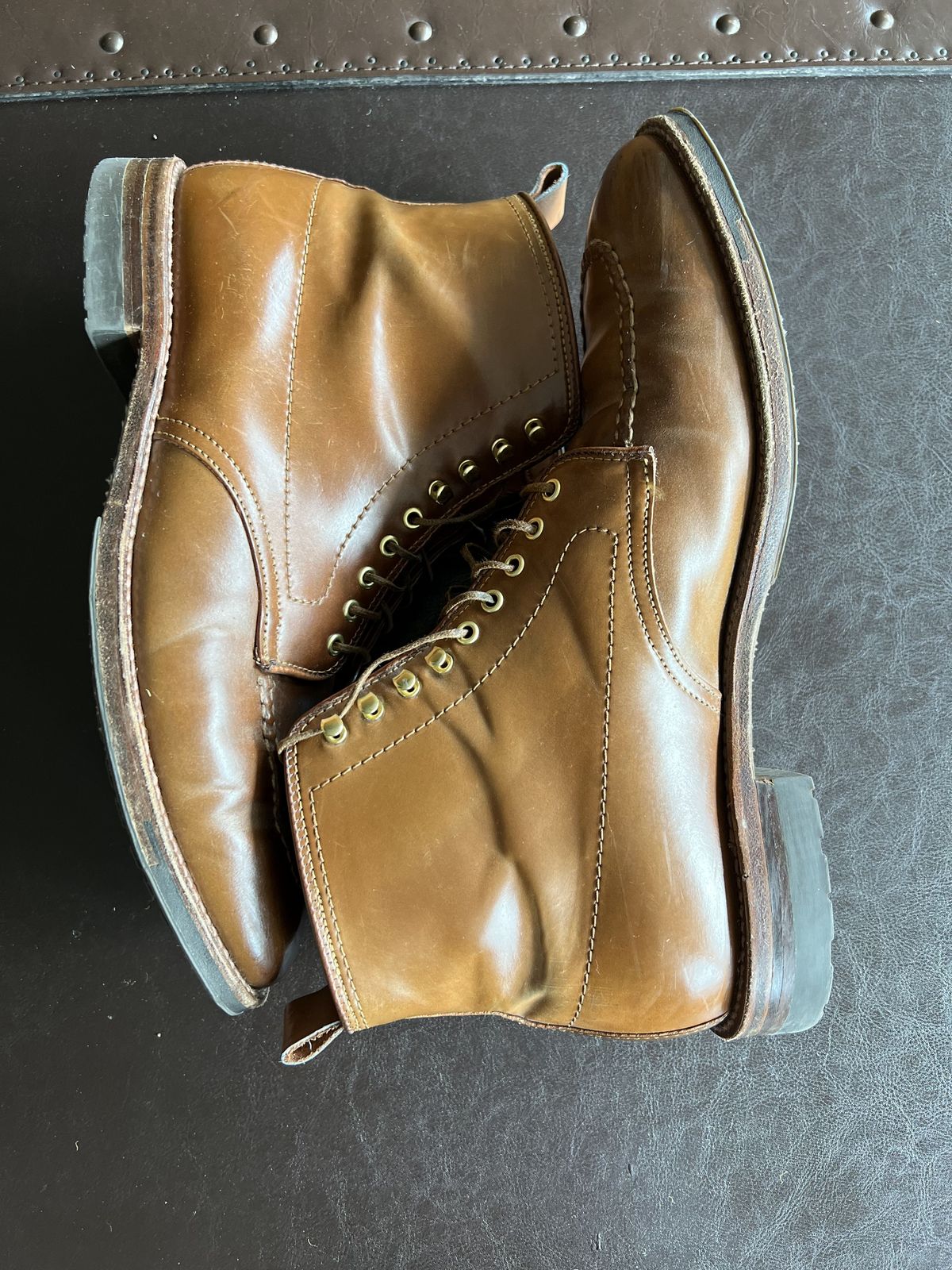 Photo by patinathunderdome on May 4, 2022 of the Alden Indy Boot in Horween Whisky Shell Cordovan.