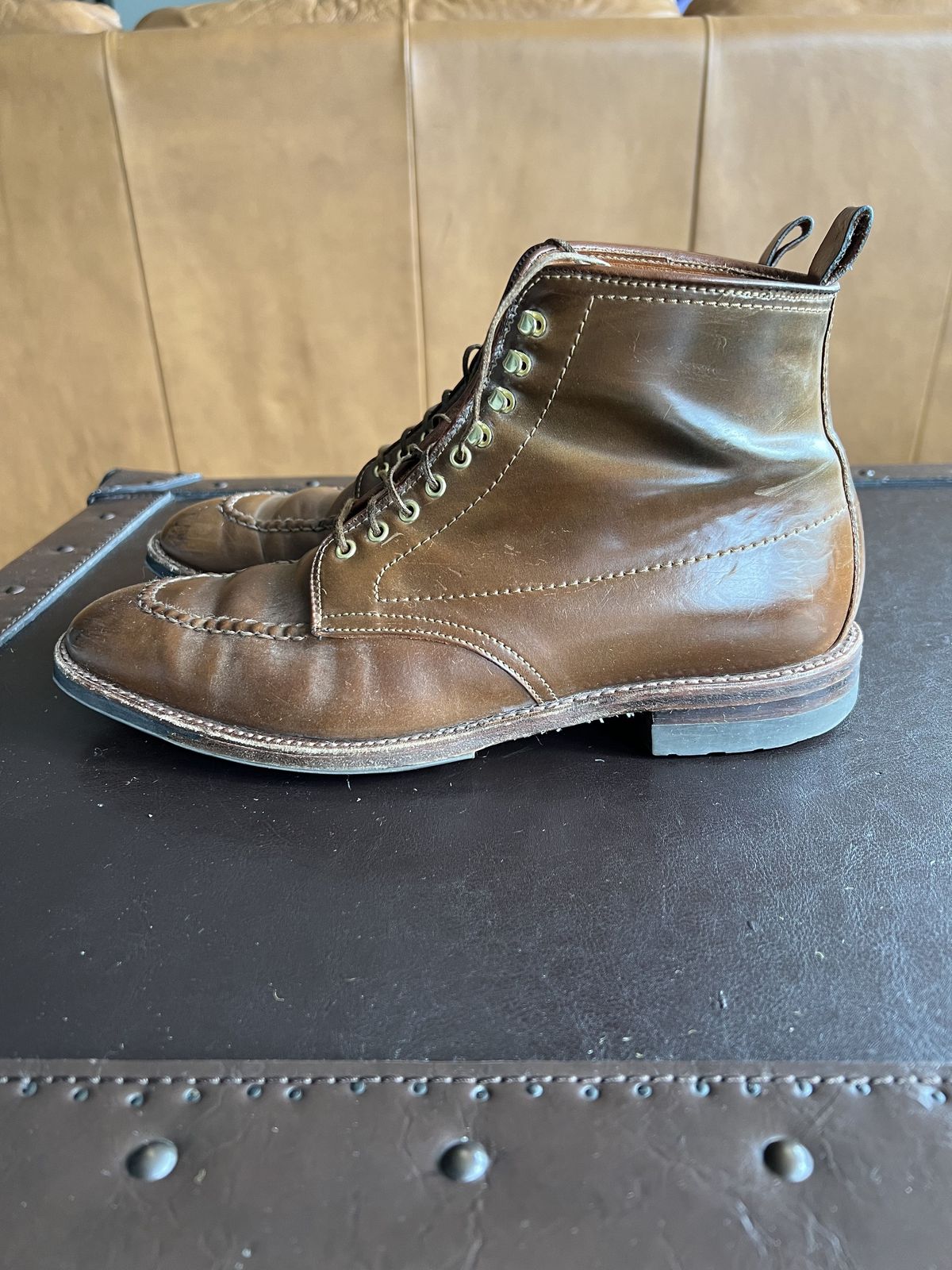 Photo by patinathunderdome on May 4, 2022 of the Alden Indy Boot in Horween Whisky Shell Cordovan.