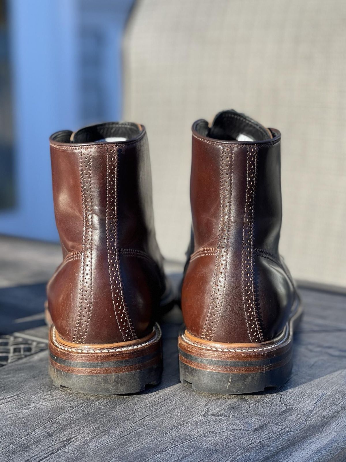 Photo by patinathunderdome on November 5, 2021 of the Viberg Shelby Sharp Brogue Boot in Horween Mocha Shell Cordovan.