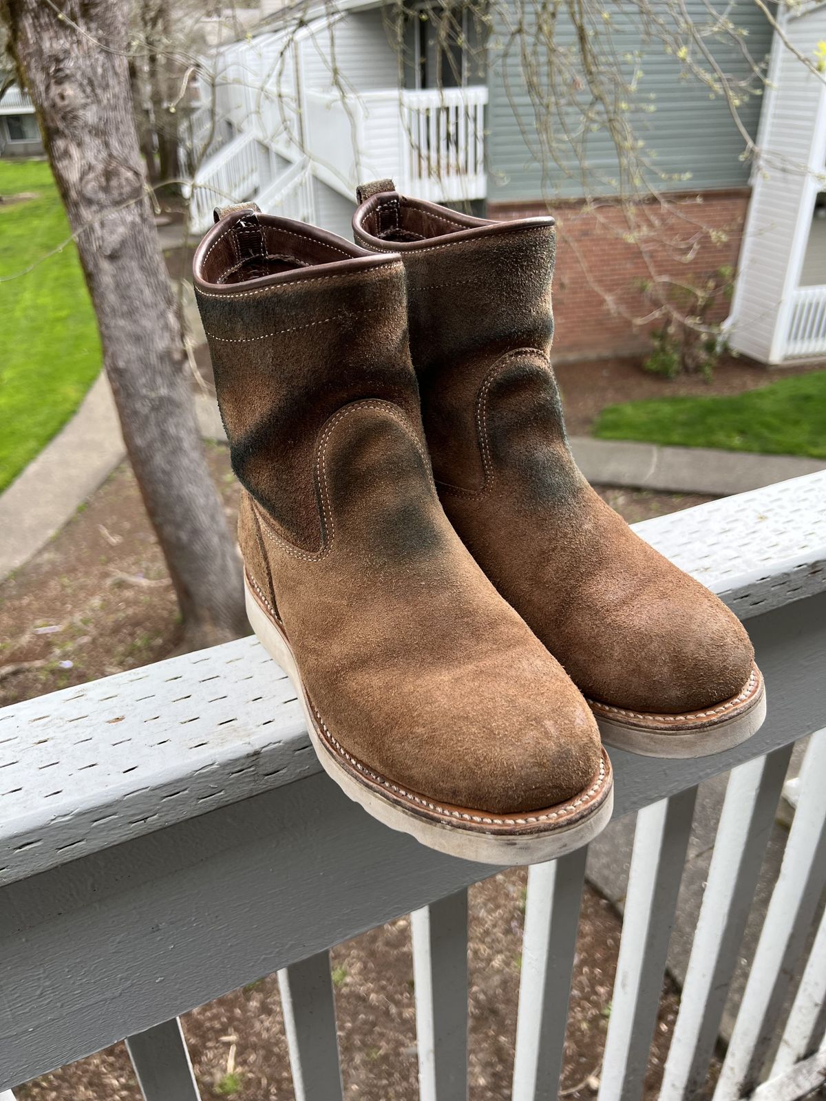 Photo by patinathunderdome on April 3, 2022 of the Viberg Roper Boot in Horween Natural Chromexcel Roughout.