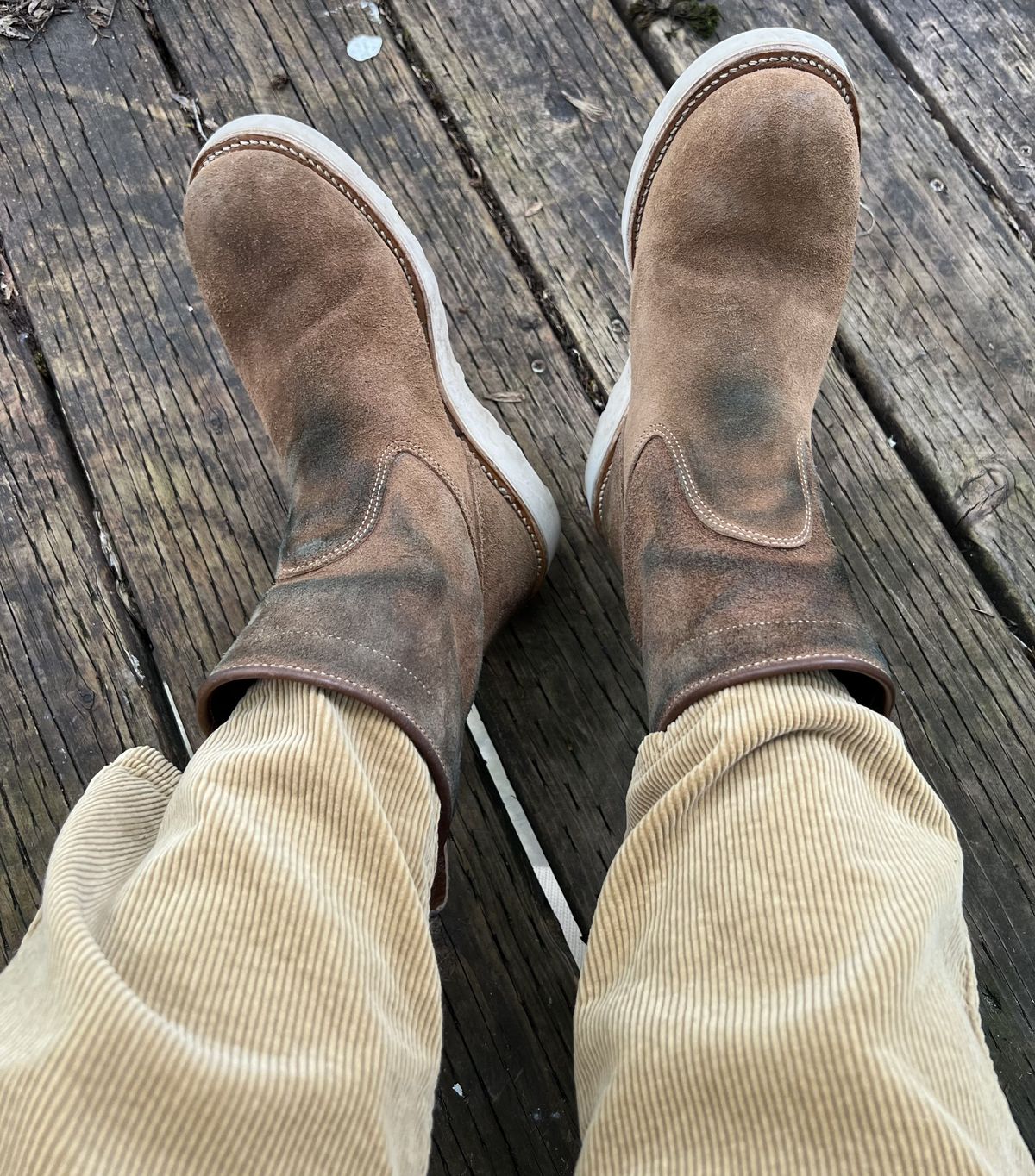 Photo by patinathunderdome on May 5, 2022 of the Viberg Roper Boot in Horween Natural Chromexcel Roughout.