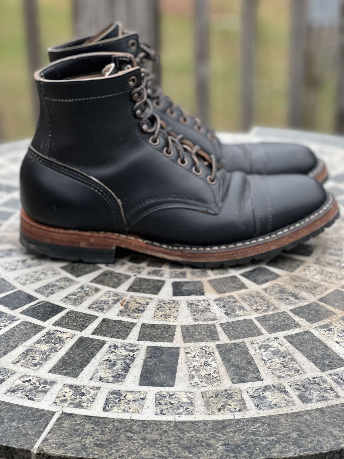 Photo by patinathunderdome on April 6, 2022 of the White's MP-Sherman Toe Cap in Horween Black Chromexcel Horsehide.